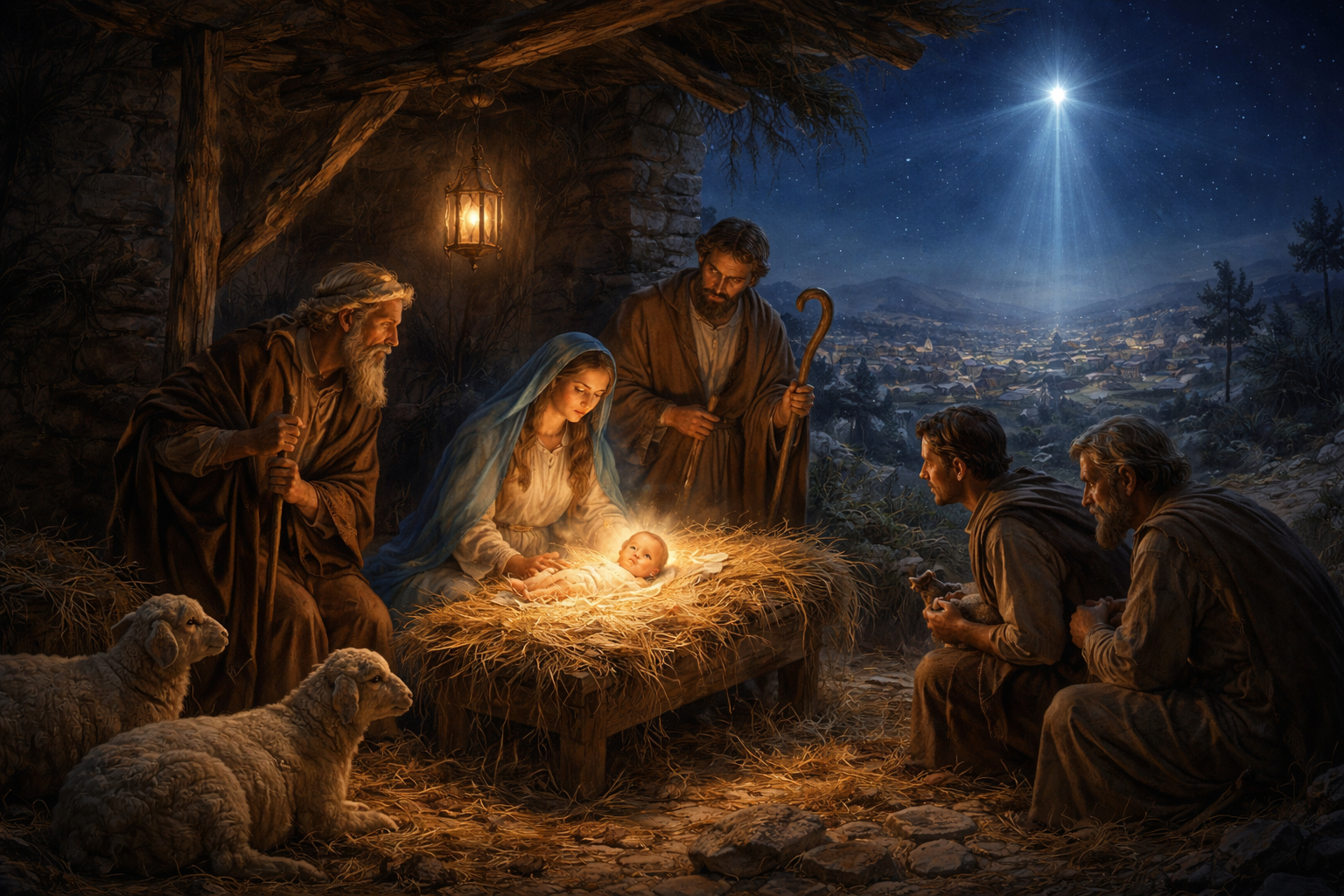 A realistic nighttime Nativity scene showing baby Jesus resting in a humble manger in Bethlehem, softly illuminated by warm light, with shepherds nearby and the Star of Bethlehem shining in the sky.