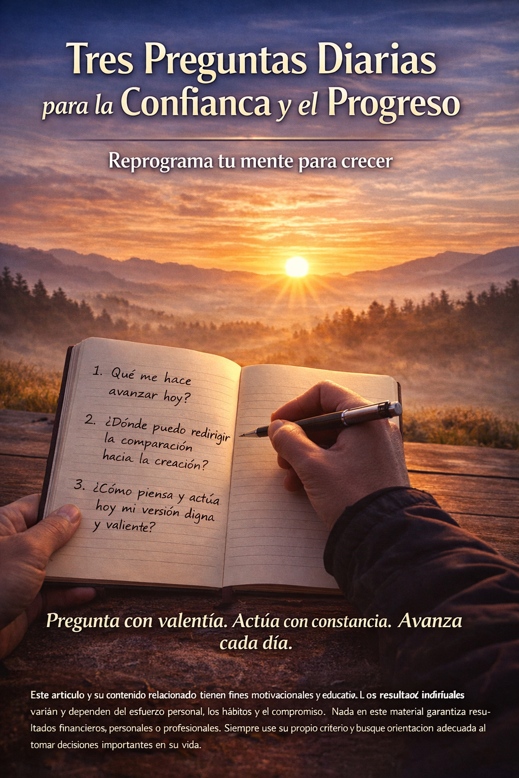 Persona escribiendo en un diario al amanecer, simbolizando claridad, confianza e impulso personal.