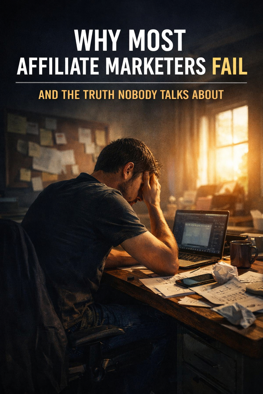 A frustrated affiliate marketer sitting at a desk surrounded by unfinished notes and laptops, symbolizing inconsistency and burnout; bright light in the background represents hope and clarity through automation and consistency systems.