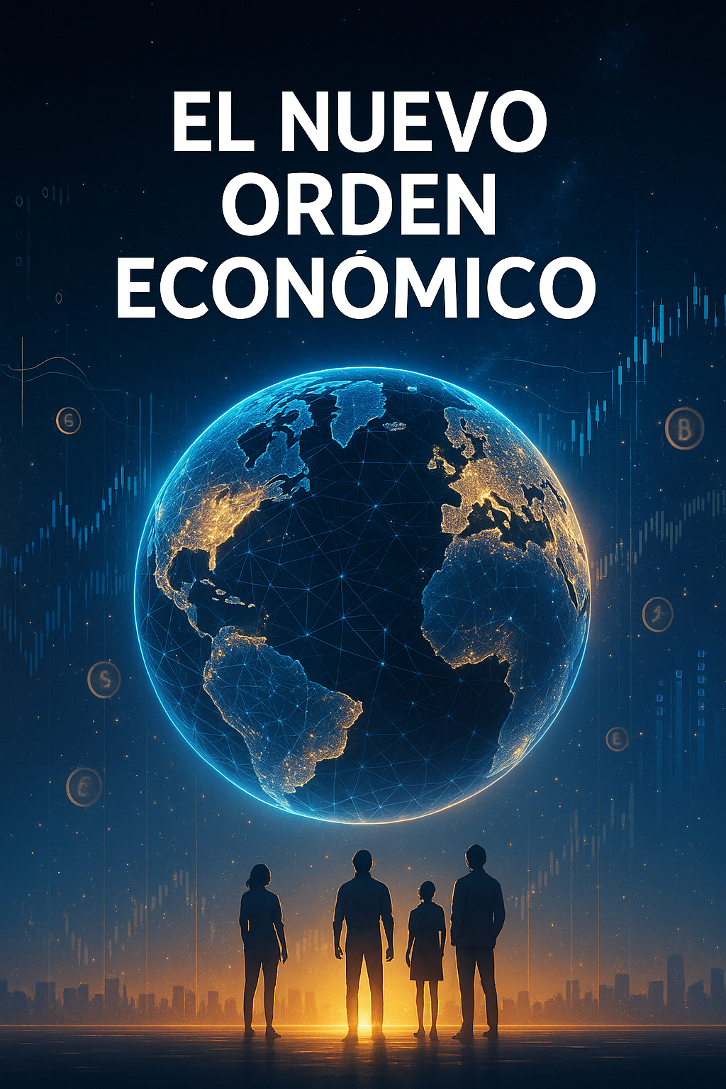 Planeta Tierra digitalizado rodeado de redes, luces doradas y azules, simbolizando la conexión entre tecnología, economía y humanidad en la nueva era financiera.