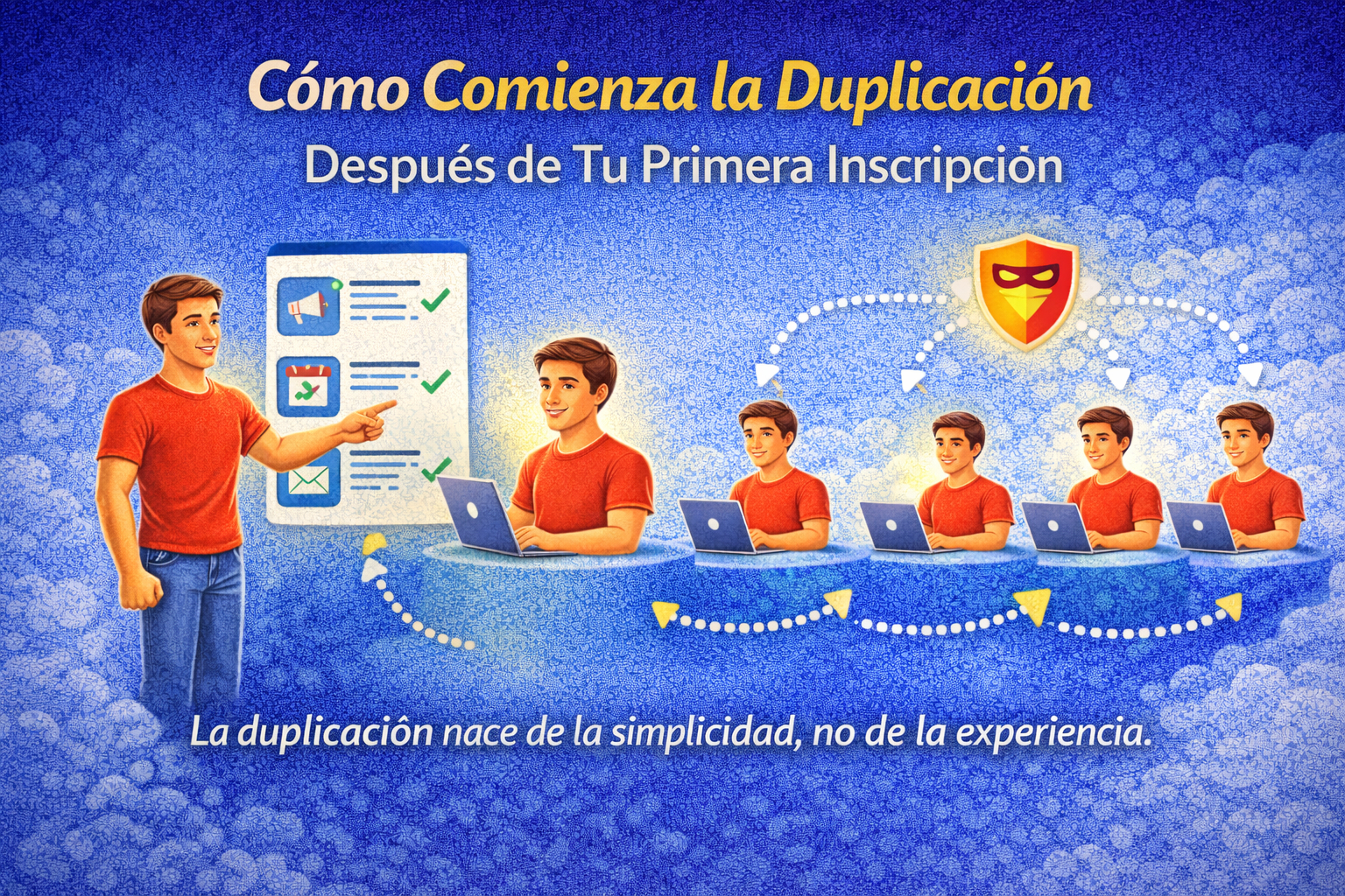 Ilustración educativa que muestra cómo la duplicación comienza al repetir un proceso simple después de la primera inscripción.
