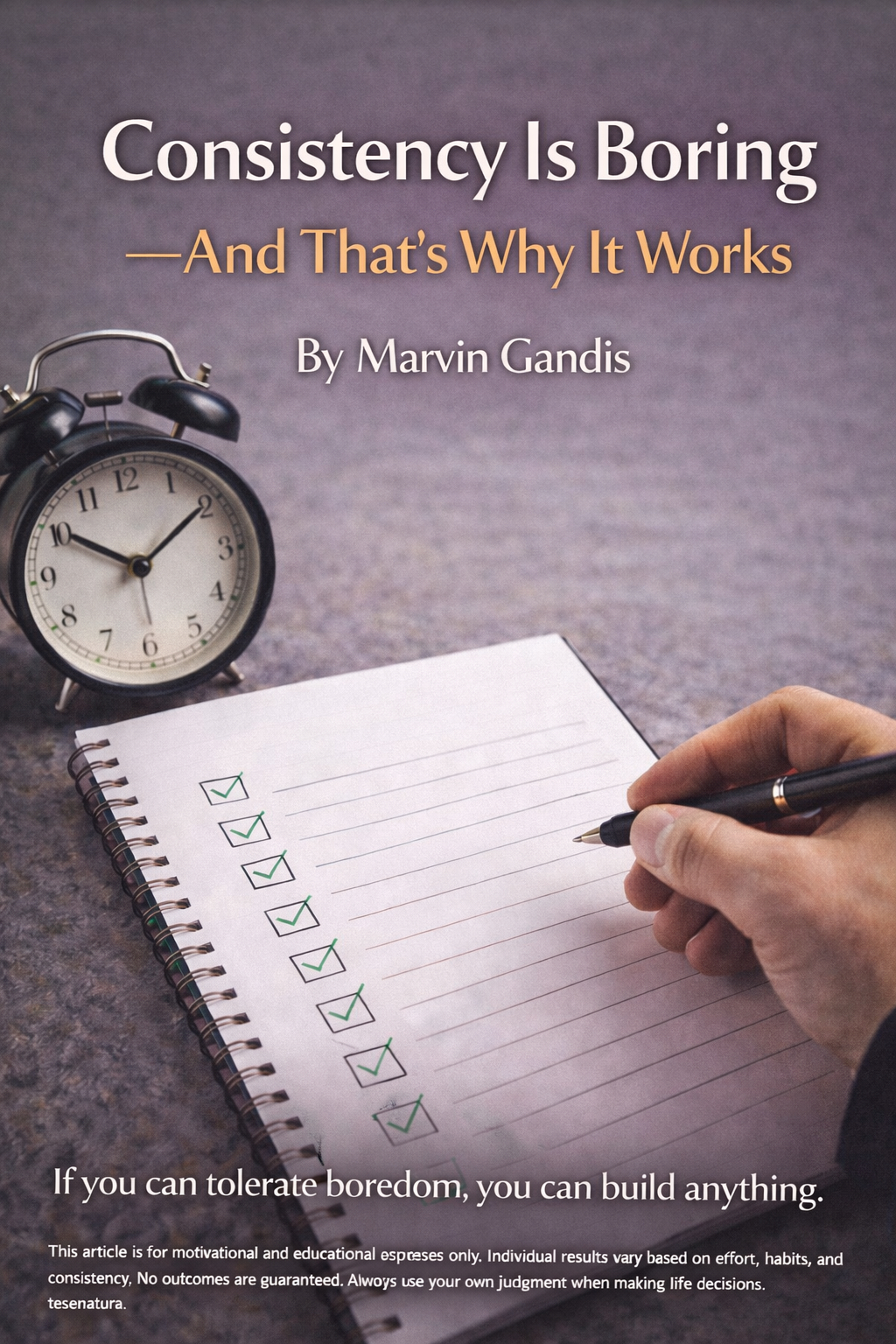 A hand checking off items on a daily checklist next to a clock, symbolizing routine, discipline, and the power of consistent daily actions over time.