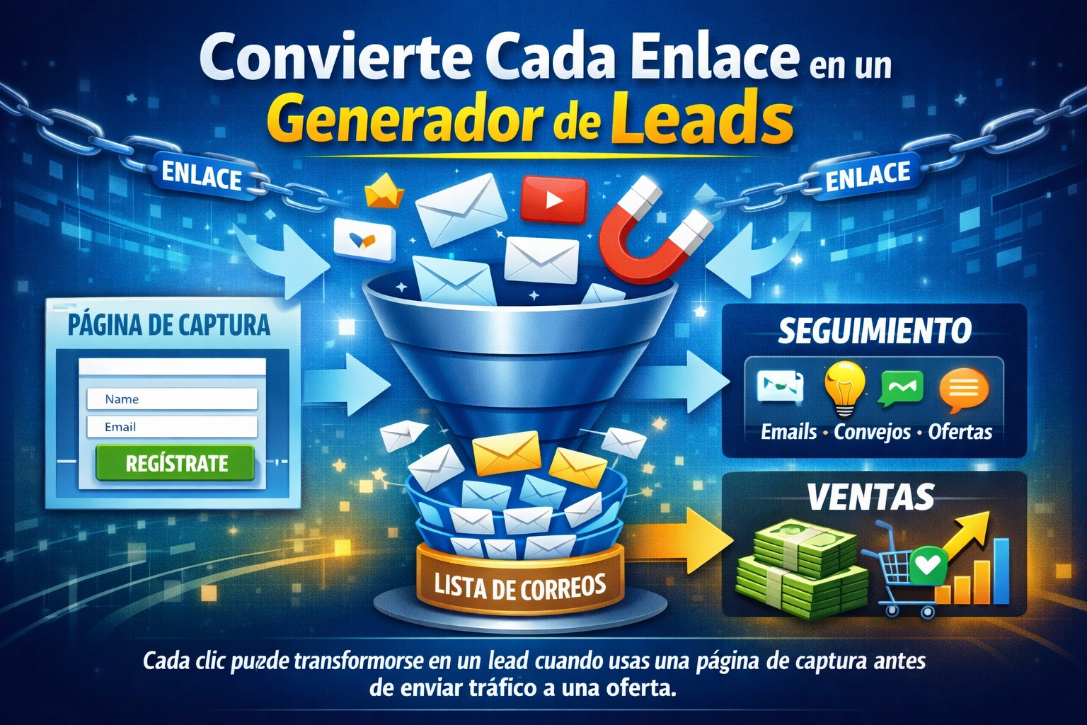 Infografía educativa de marketing digital que muestra cómo convertir enlaces en generadores de leads usando páginas de captura, email marketing y seguimiento automático.