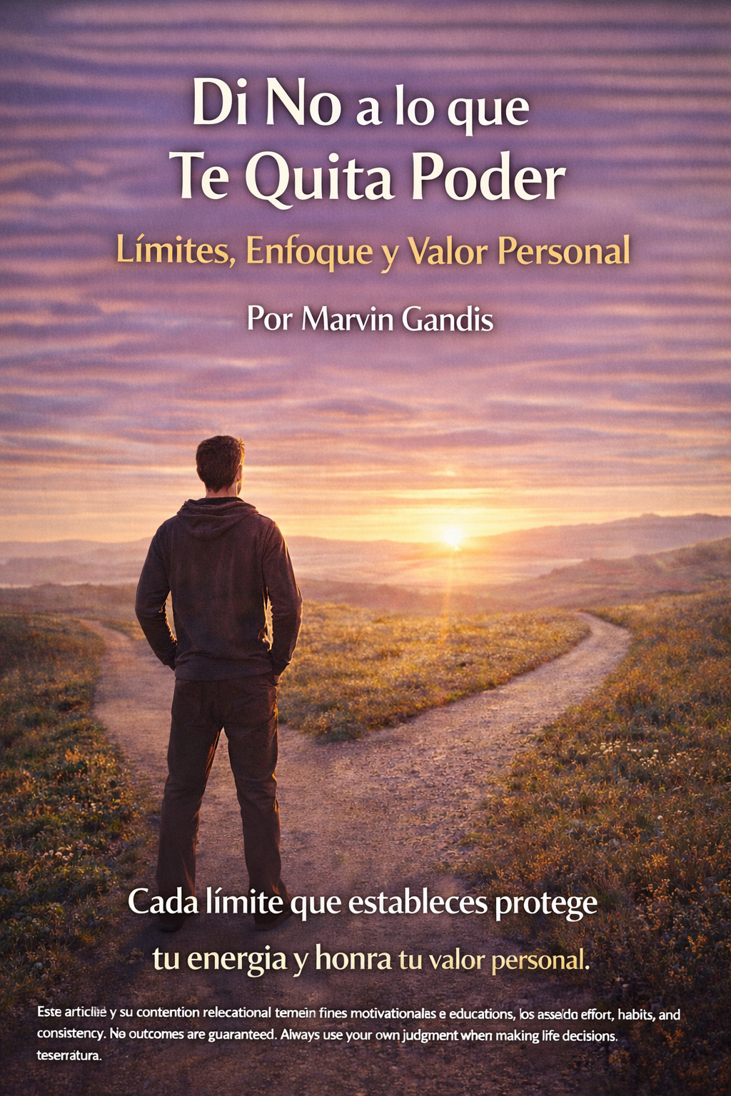 Hombre de pie en una bifurcación al amanecer observando el horizonte, simbolizando la toma de decisiones conscientes, el establecimiento de límites y la recuperación del poder personal.