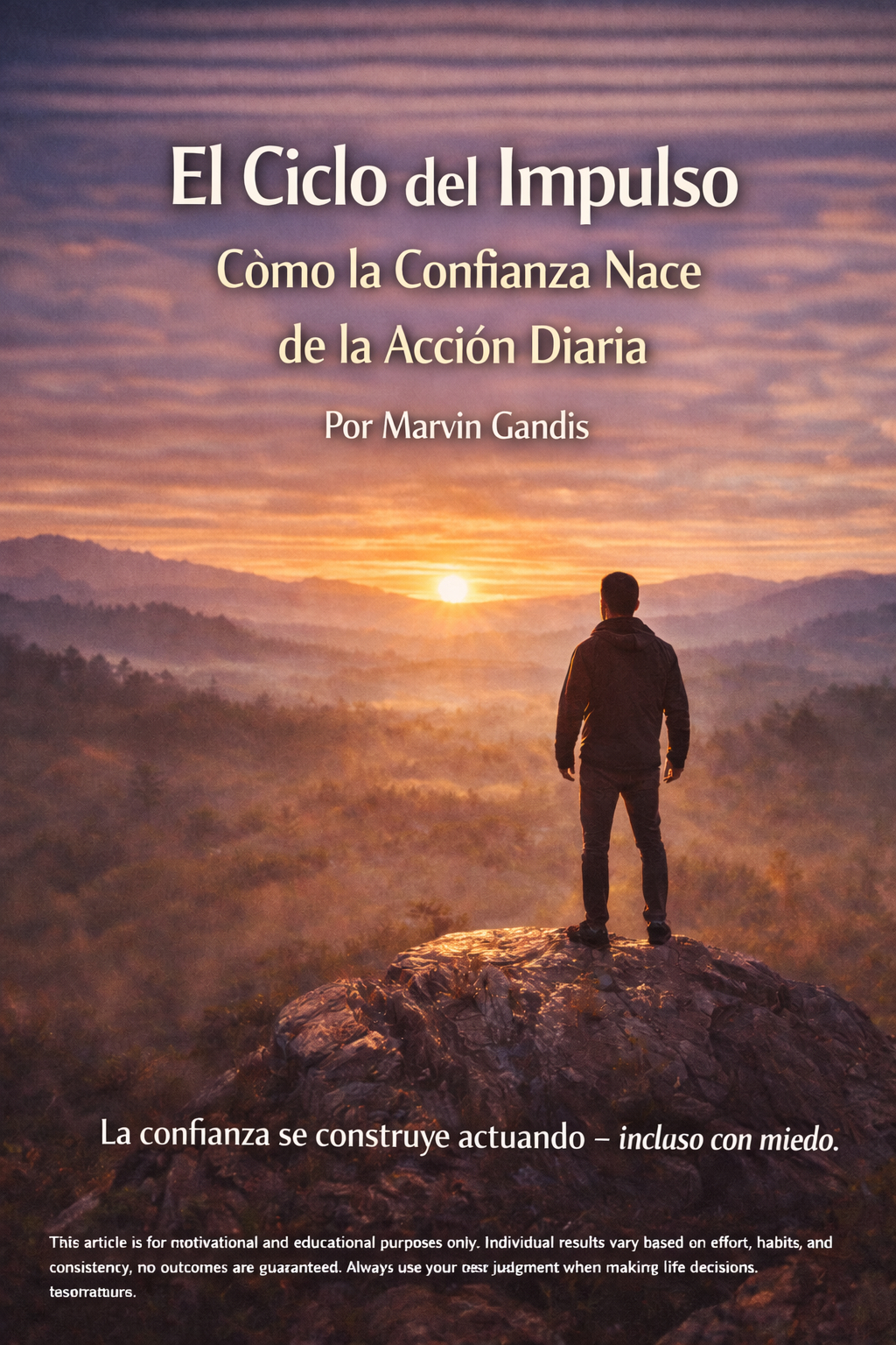 Hombre de pie sobre una roca al amanecer observando el horizonte, simbolizando cómo la acción diaria construye confianza, claridad e impulso personal.