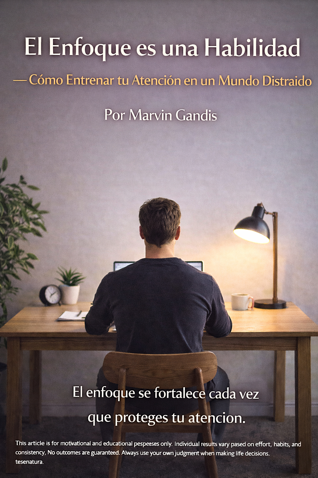 Hombre trabajando concentrado en un escritorio minimalista al amanecer, simbolizando atención plena, enfoque sostenido y disciplina mental en un entorno sin distracciones.