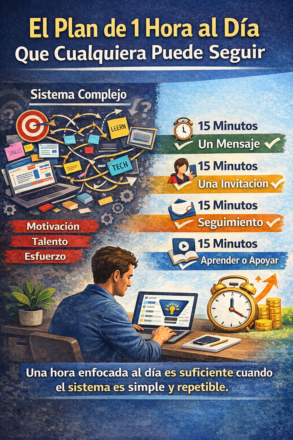 Ilustración de un principiante siguiendo un sistema de negocio online de una hora al día