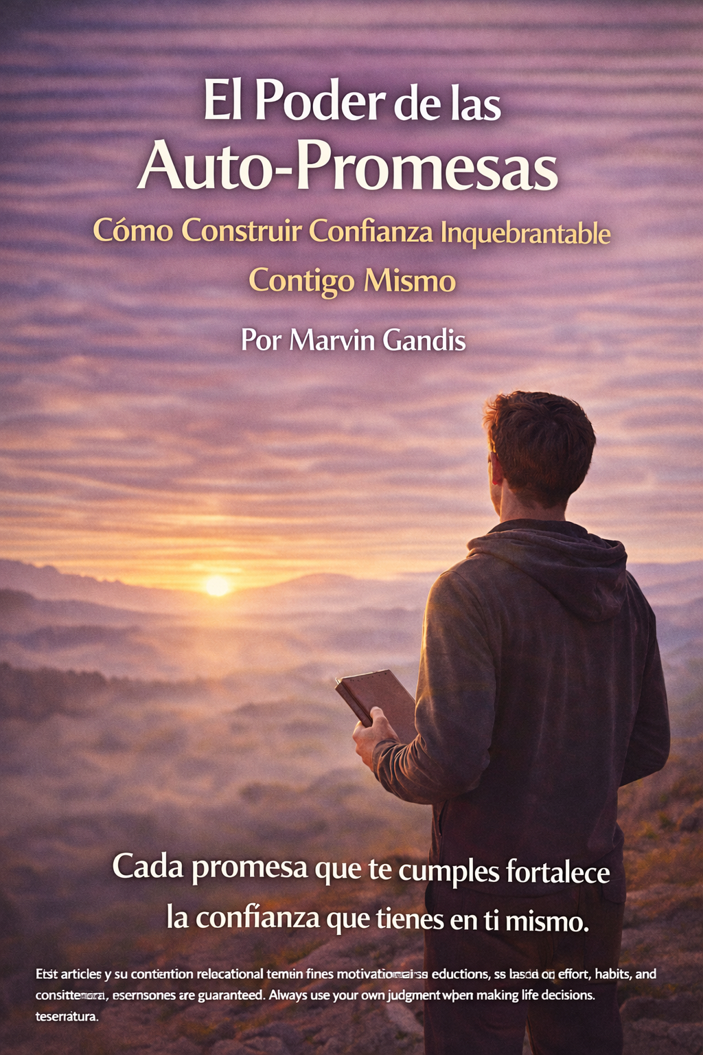 Persona de pie al amanecer sosteniendo un cuaderno, simbolizando compromiso personal, disciplina y la construcción de confianza a través del cumplimiento de promesas propias.