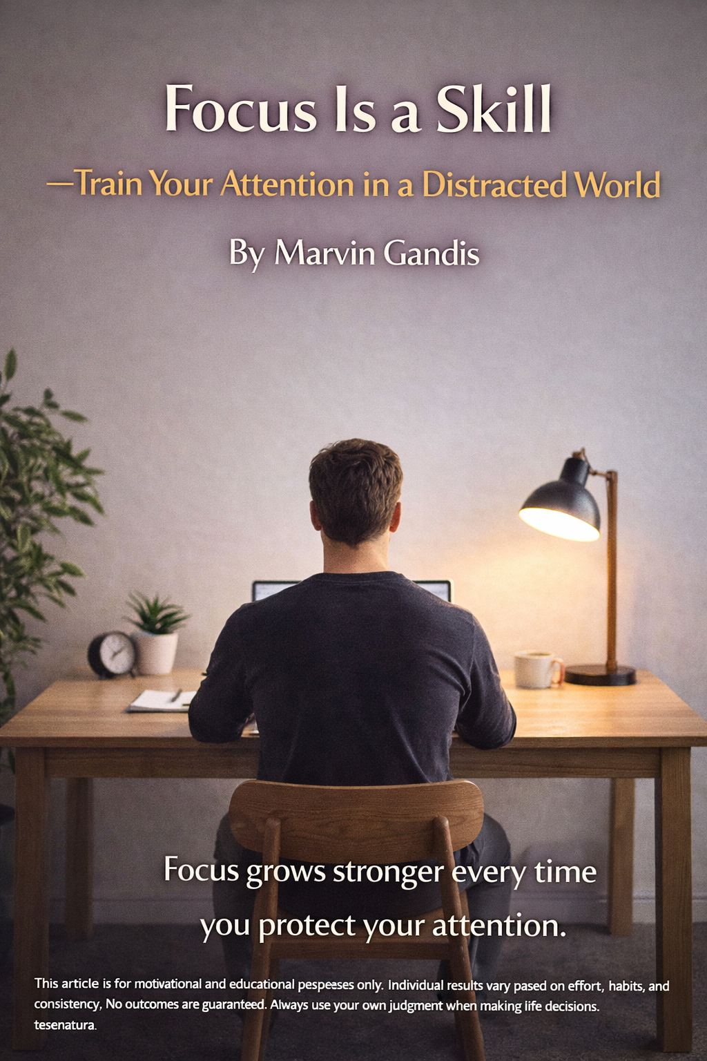 A person working calmly in a minimalist environment with no distractions, symbolizing deep focus, trained attention, and mental clarity.