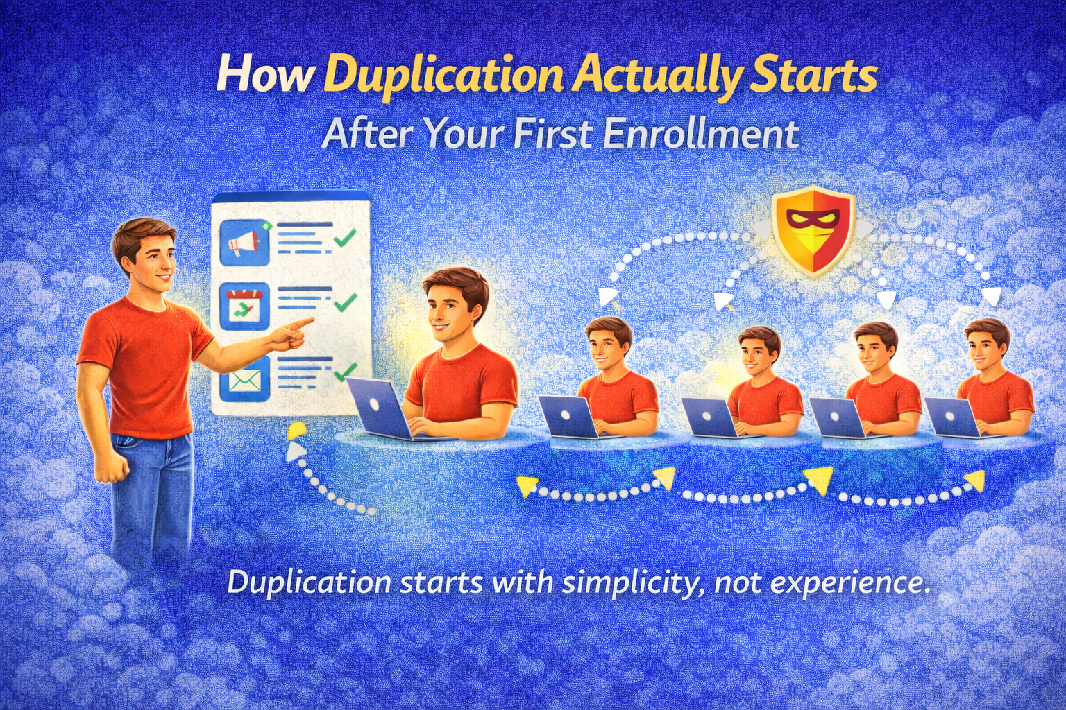 Illustration showing a simple duplication system where a beginner teaches the same daily process to build a scalable team.