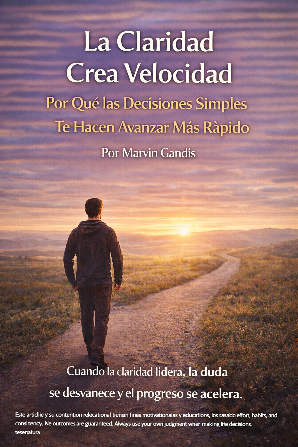 Hombre caminando con determinación por un sendero claro al amanecer, simbolizando cómo la claridad mental y las decisiones simples aceleran el progreso personal.