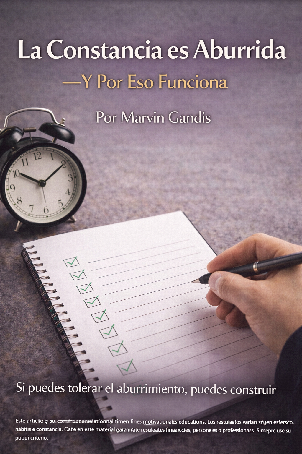Mano marcando tareas en una lista diaria junto a un reloj, simbolizando rutina, disciplina y el poder de las acciones constantes a lo largo del tiempo.