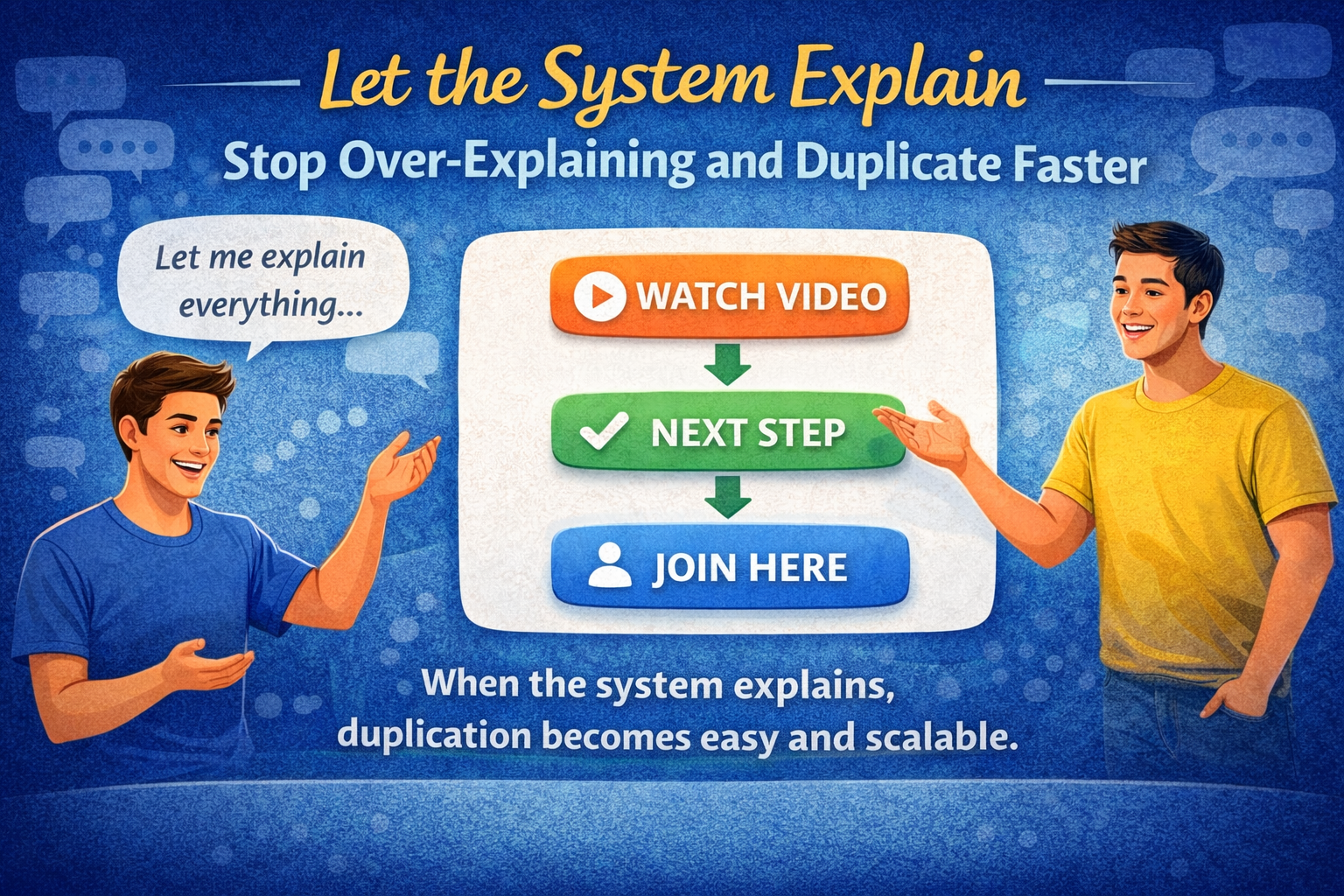 Illustration showing a simple self-explanatory system that replaces over-explaining with clear automated steps for duplication.