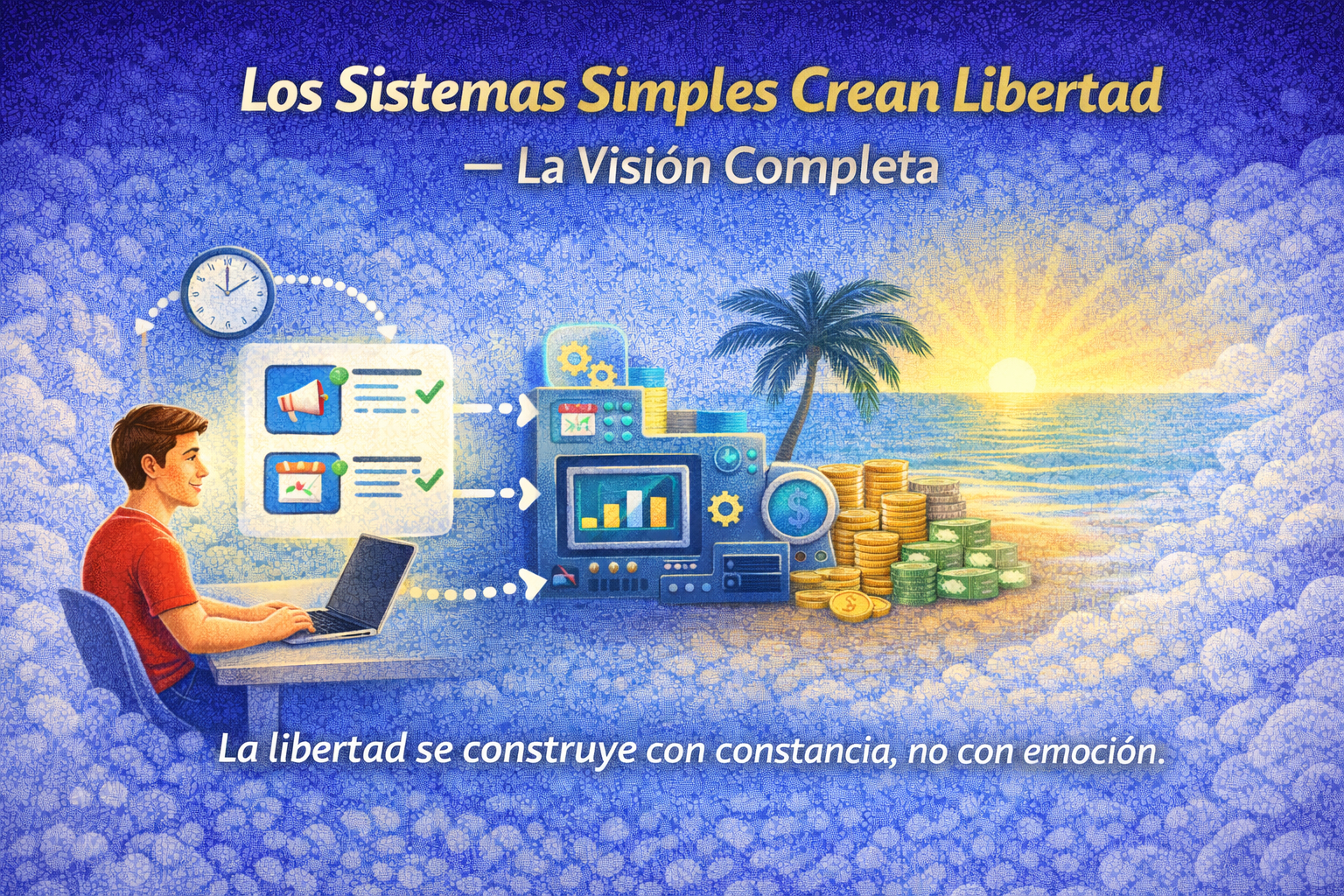 Ilustración educativa que muestra cómo los sistemas simples y la constancia diaria construyen libertad digital a largo plazo.