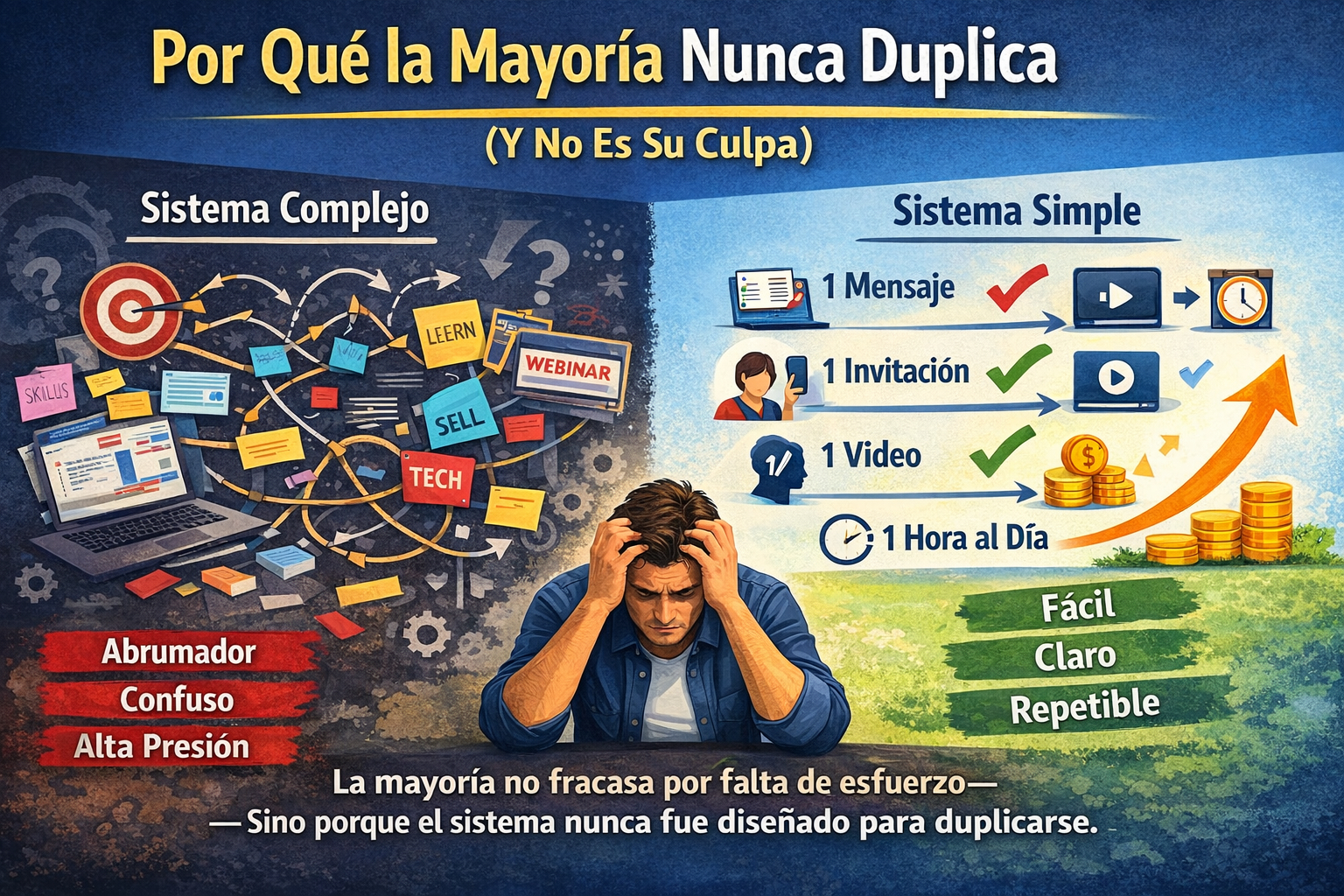 Emprendedor abrumado por sistemas complejos de negocios online buscando un proceso simple de duplicación