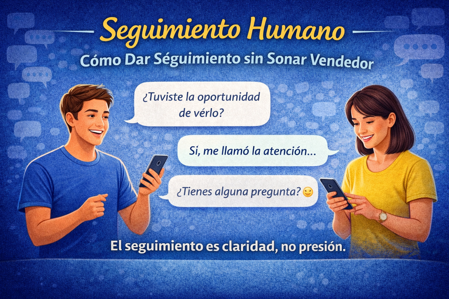 Ilustración educativa que muestra un seguimiento calmado y humano enfocado en la claridad y no en la presión de ventas.