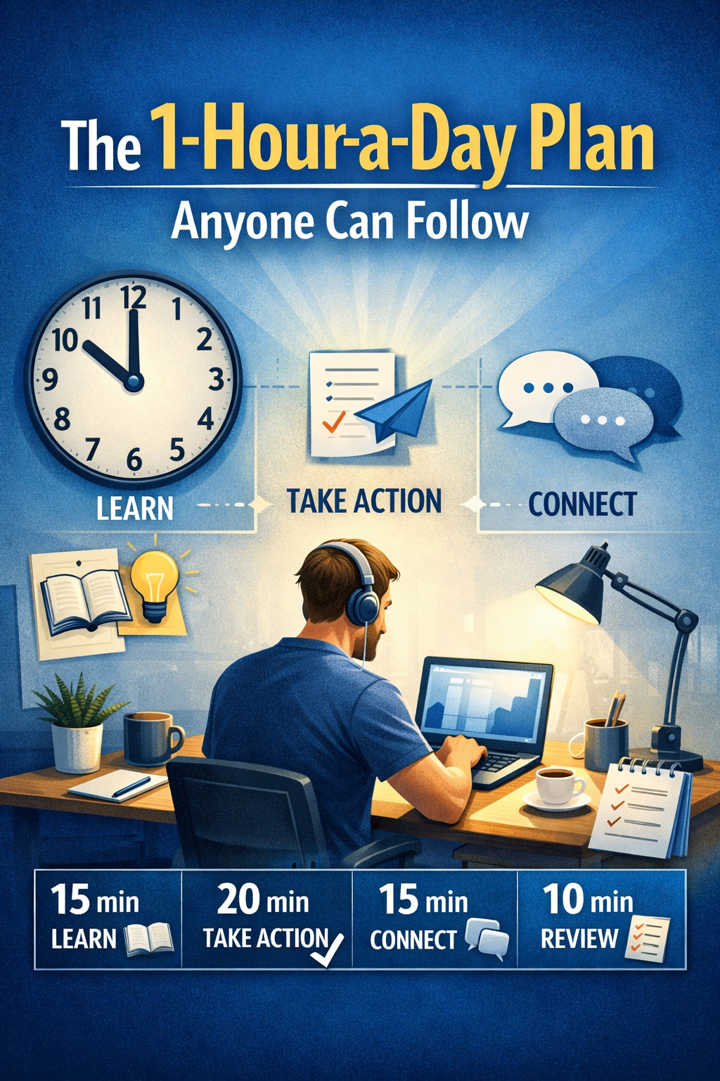 Focused professional working one hour per day following a simple and structured online business plan.