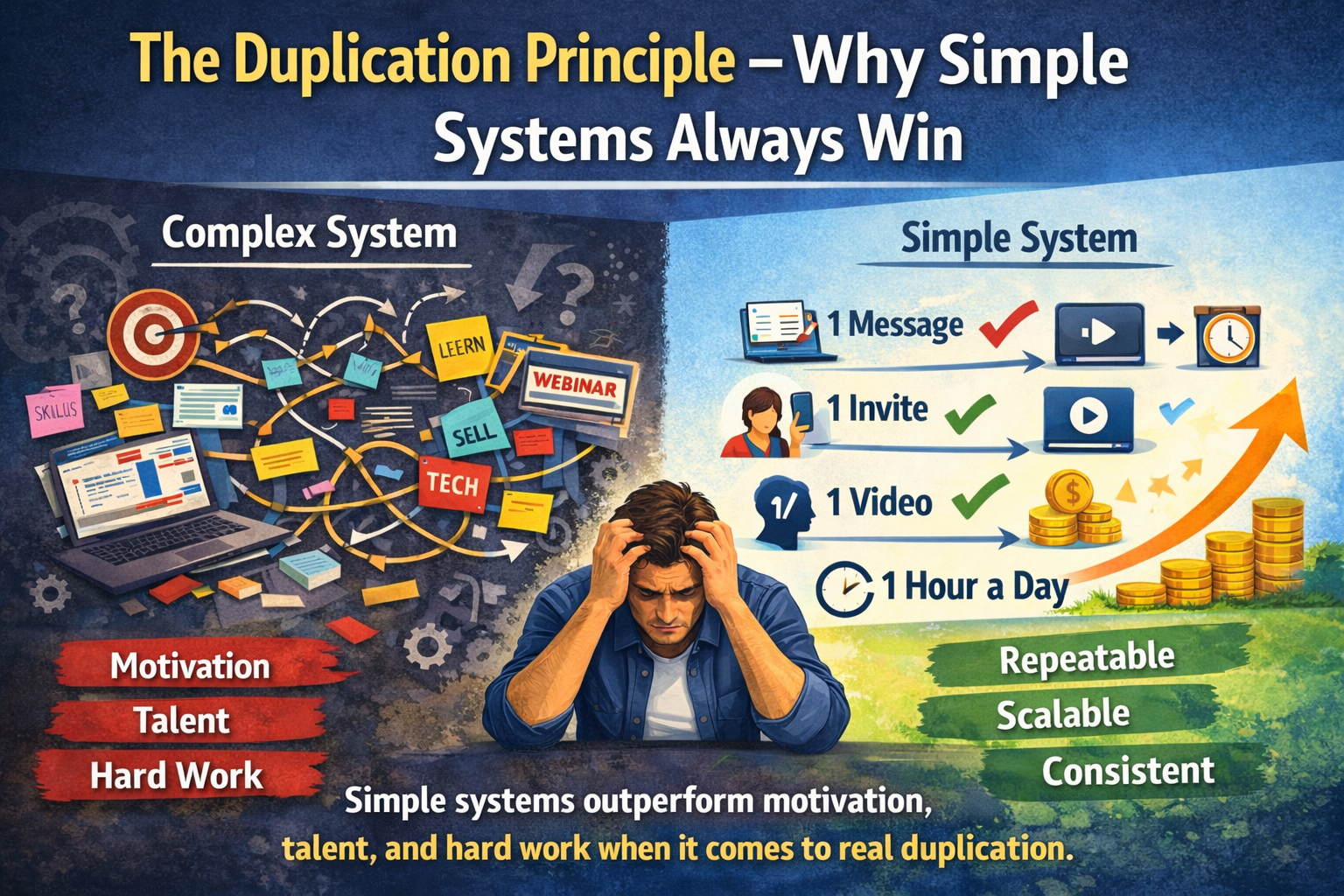 Illustration showing a simple duplication system outperforming complex business processes in online teams