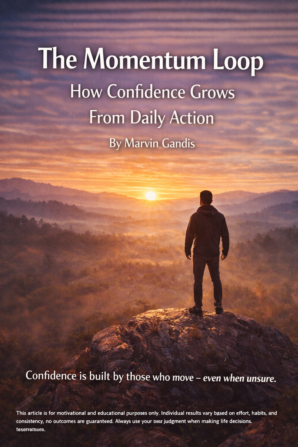 A man standing on a rock at sunrise overlooking the horizon, symbolizing how daily action builds confidence, clarity, and personal momentum.