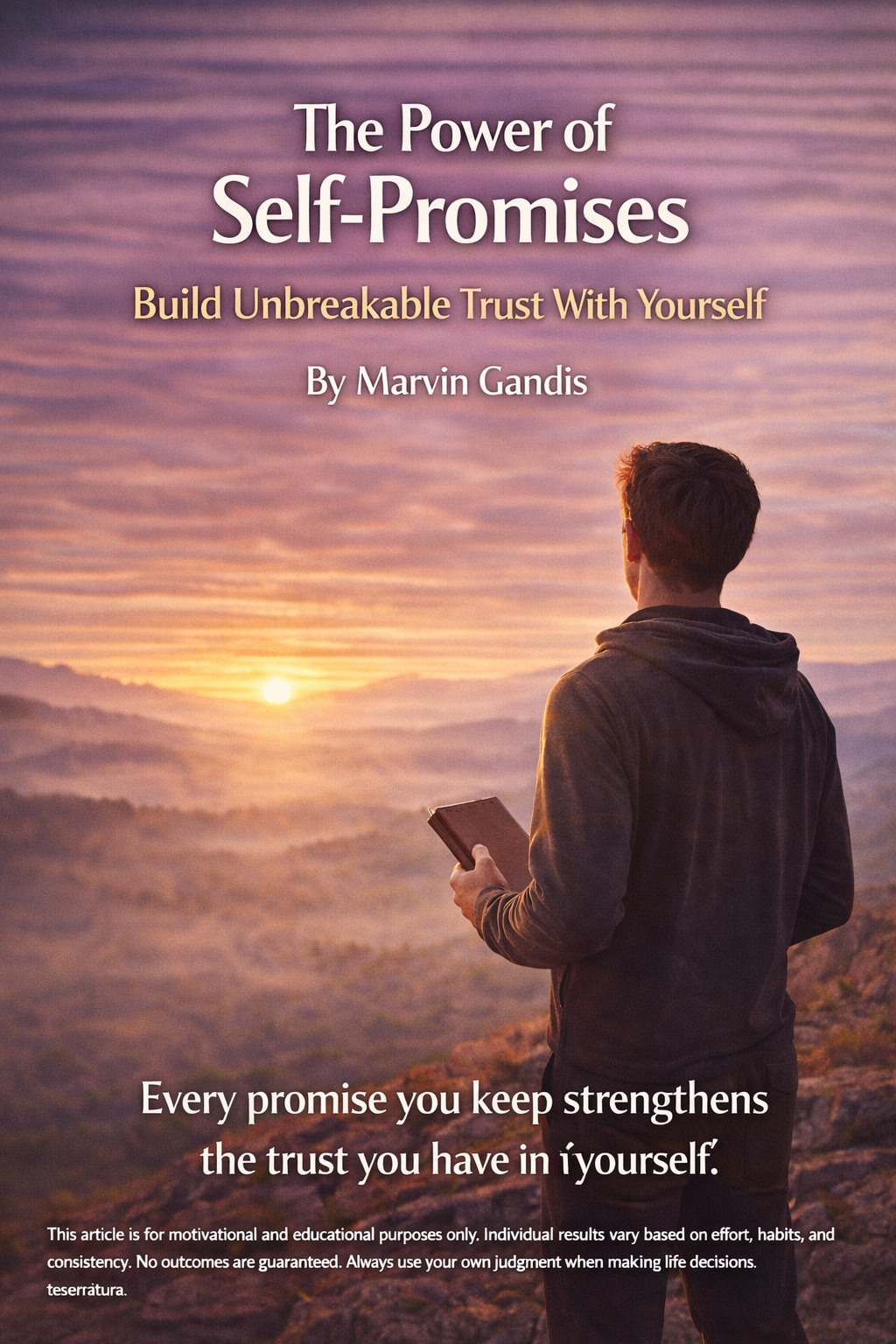 A person standing calmly at sunrise holding a notebook, symbolizing self-trust, commitment, and the power of keeping promises to oneself.