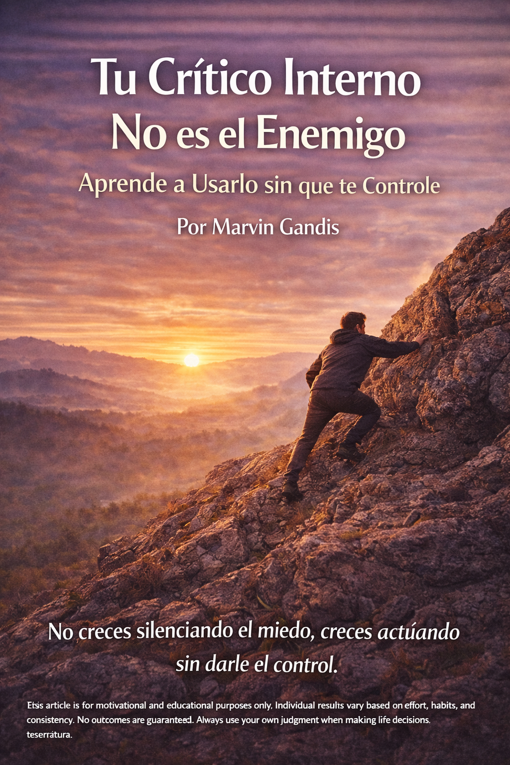 Hombre escalando una montaña al amanecer, simbolizando cómo avanzar a pesar del miedo y aprender a liderarse sin obedecer al crítico interno.
