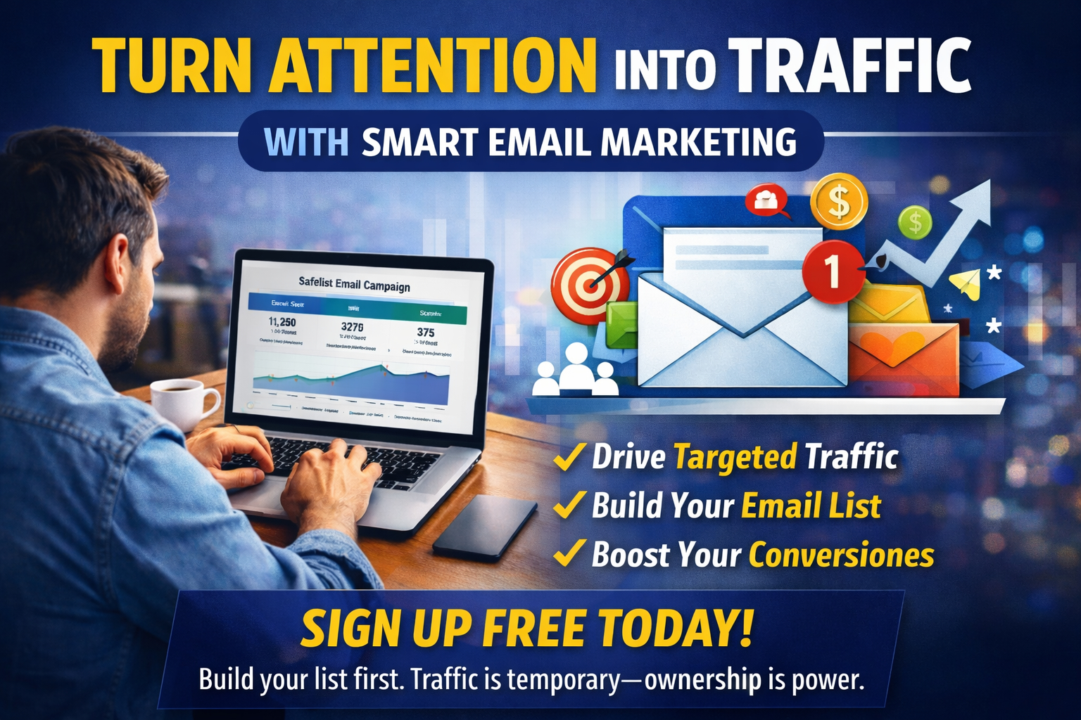 Digital entrepreneur using email marketing dashboard on laptop to generate affiliate traffic and build an email list.