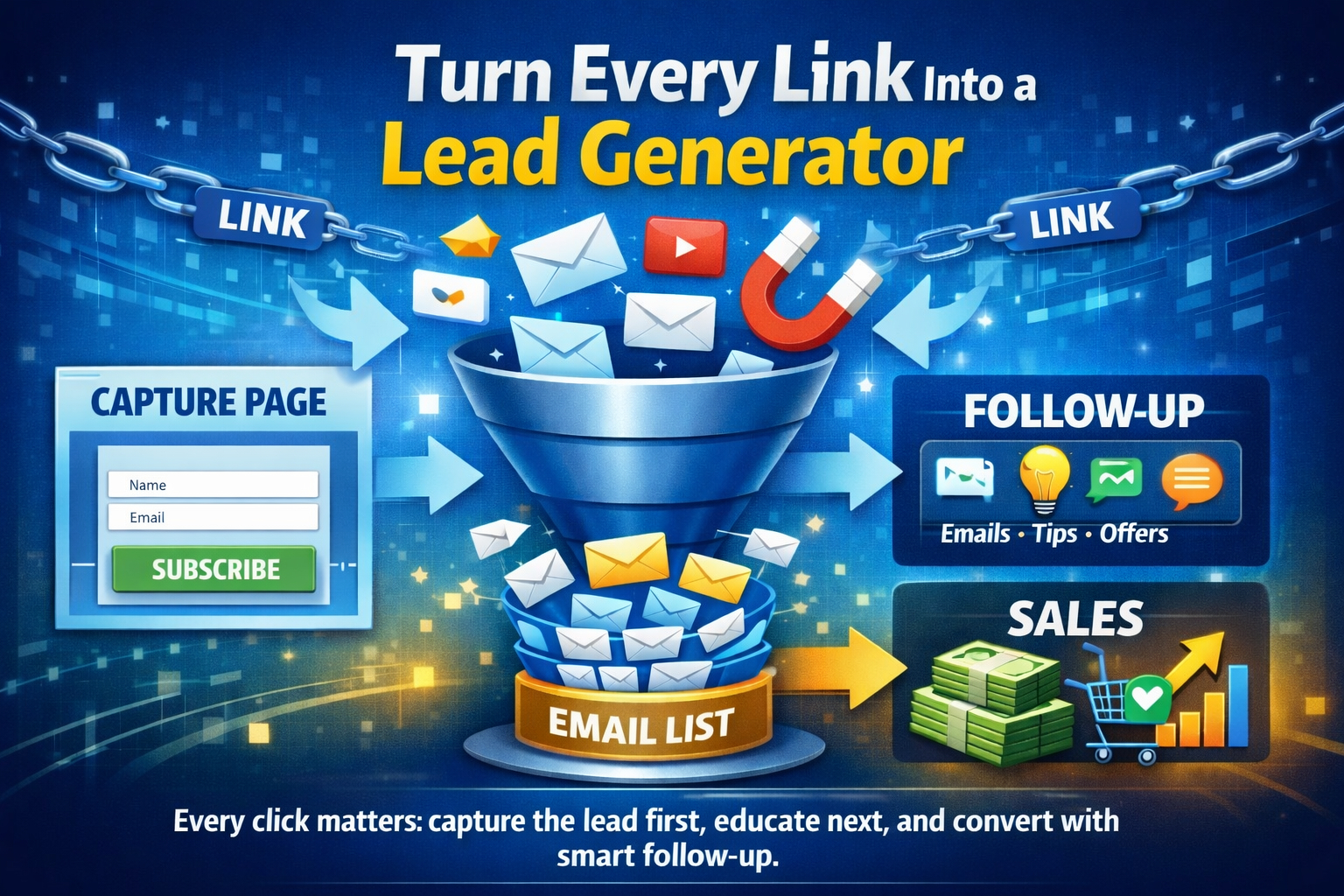 Educational digital marketing infographic showing how to turn links into lead generators using capture pages, email marketing, and automated follow-up.
