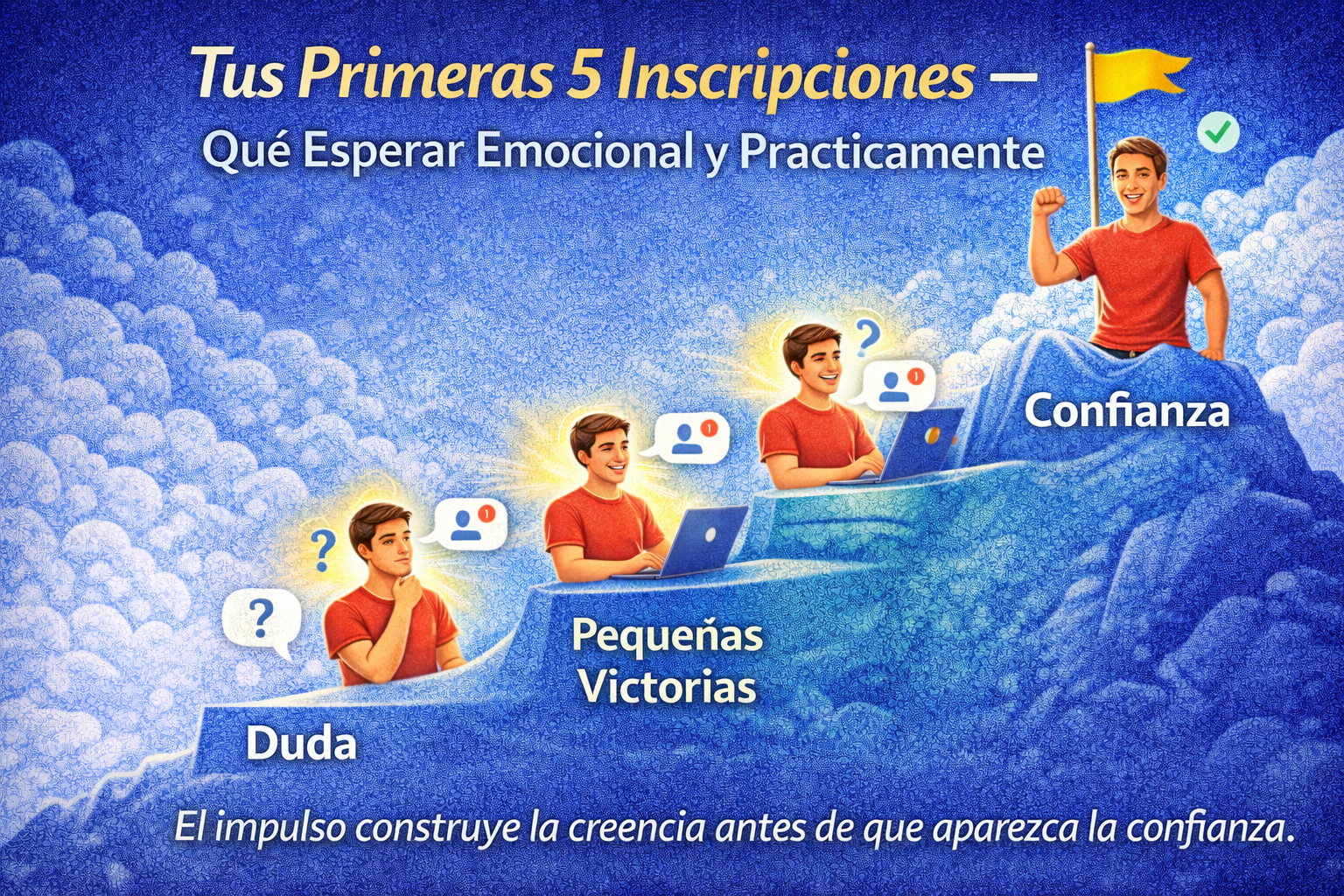 Ilustración educativa que muestra el recorrido de un principiante desde la duda hasta la confianza mediante pequeñas victorias y constancia.