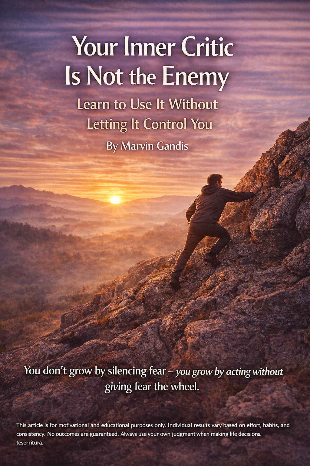 A man climbing a rocky mountain at sunrise, symbolizing personal growth, resilience, and moving forward despite inner doubt and fear.