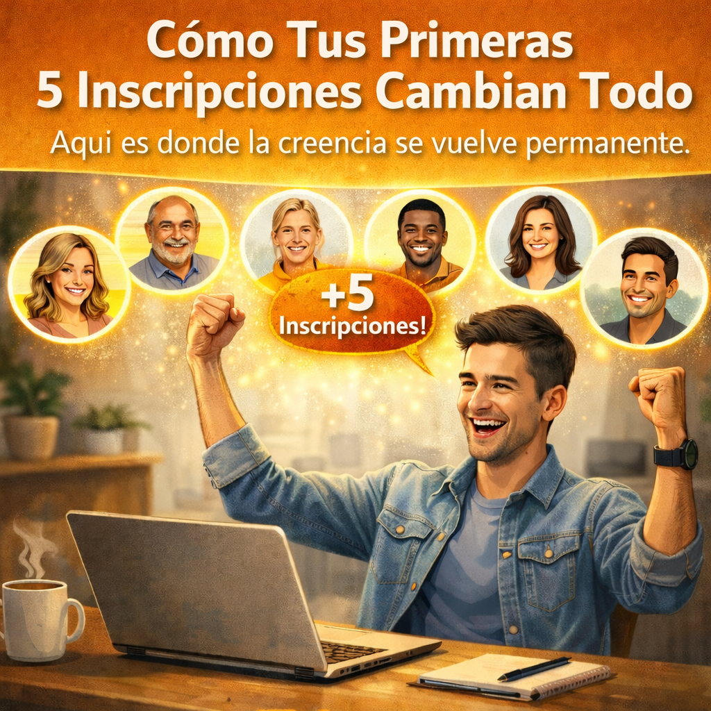 Afiliado celebrando sus primeras cinco inscripciones en un negocio online
