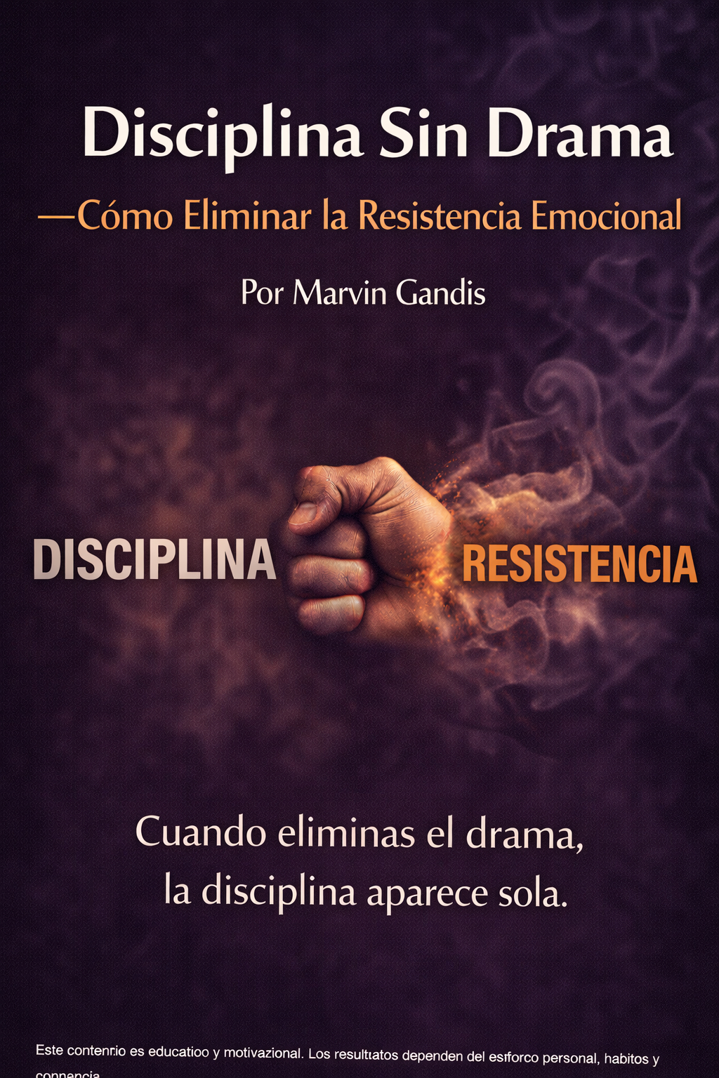 Puño cerrado atravesando humo entre las palabras disciplina y resistencia, simbolizando fuerza interior, acción y superación de la resistencia emocional.