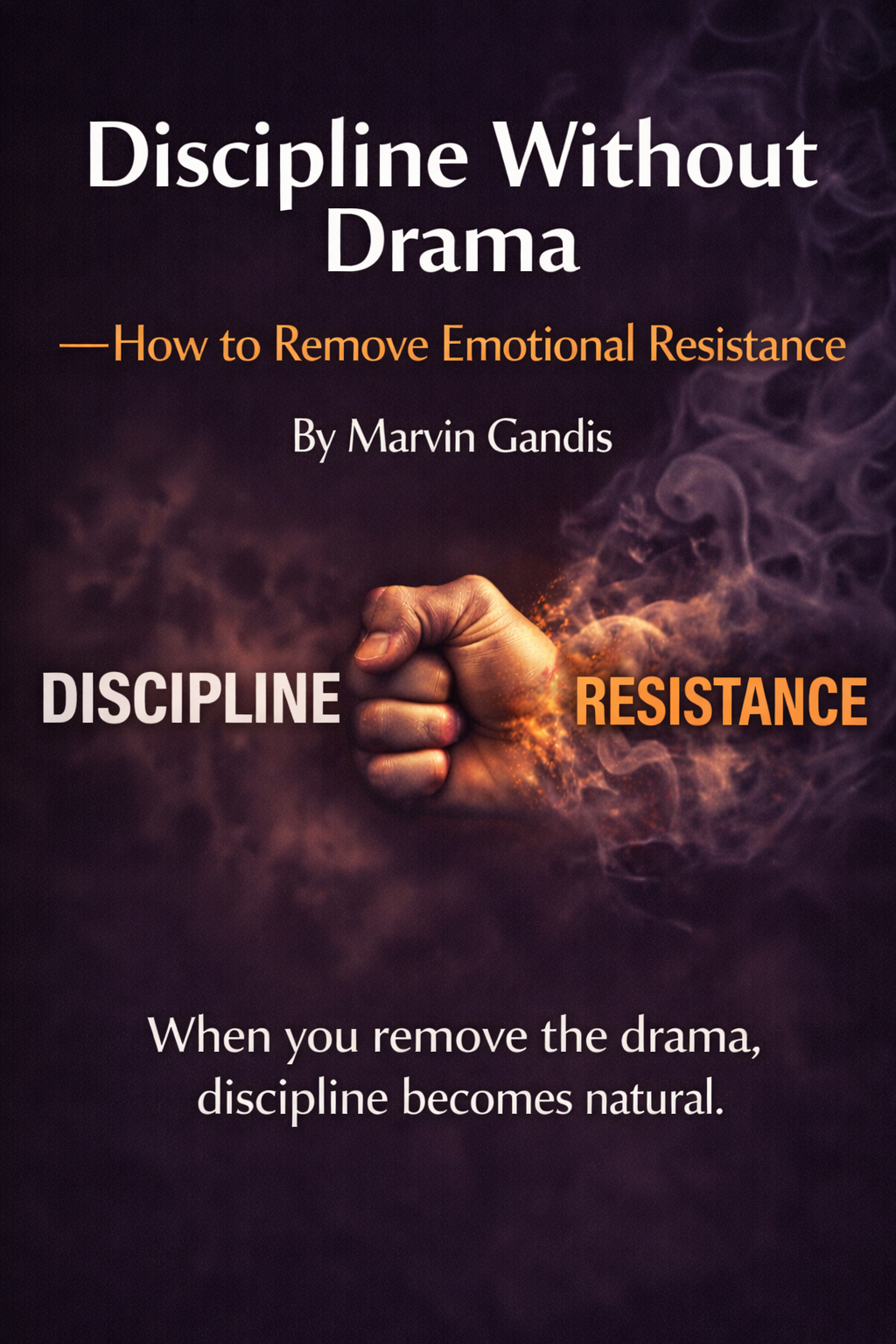 A clenched fist breaking through smoke between the words discipline and resistance, symbolizing emotional strength, execution, and overcoming internal resistance.