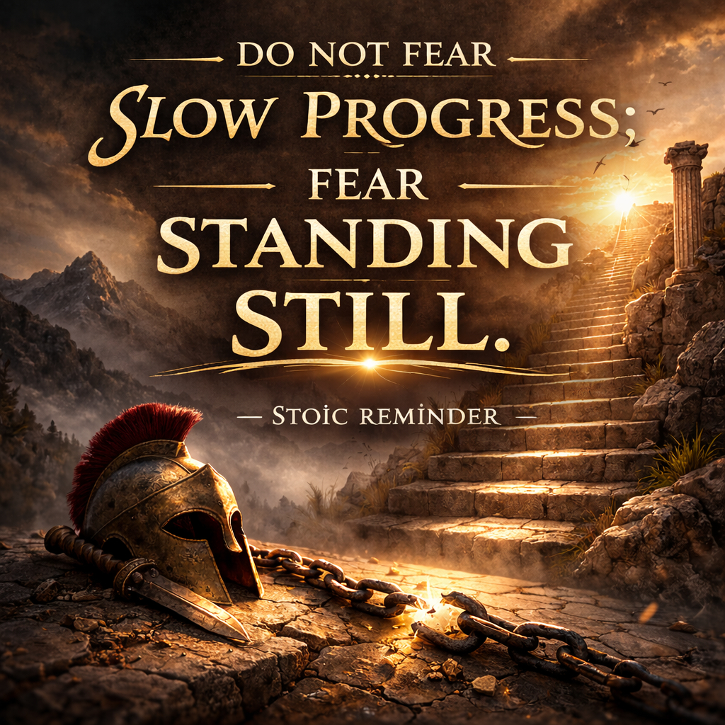 Square stoic quote poster with a Roman helmet and broken chain on cracked stone, a golden sunrise lighting a stone staircase, and the text “Do not fear slow progress; fear standing still.”