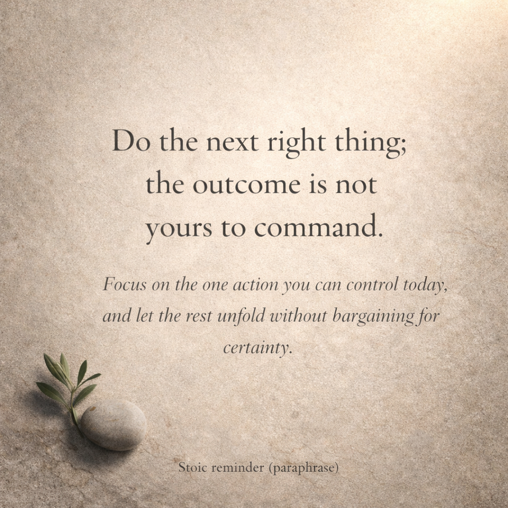 Minimalist square Stoic quote graphic on warm parchment texture with an olive branch and smooth pebble in the lower-left, featuring the centered text “Do the right thing now; the outcome is not yours to command.”
