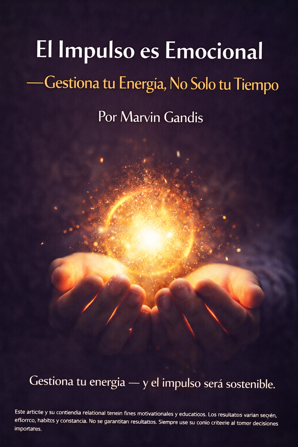 Manos sosteniendo una esfera luminosa en un fondo oscuro, simbolizando energía emocional, poder interno y el impulso sostenible.