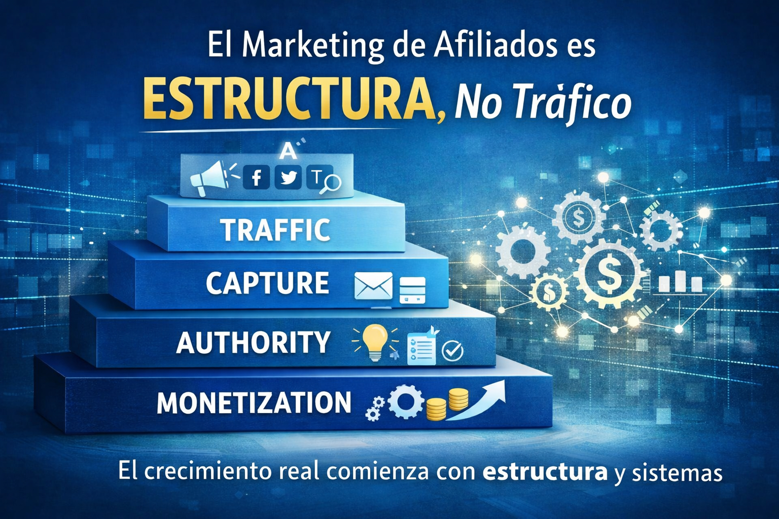 Concepto profesional de marketing de afiliados mostrando estructura de negocio digital, capas estratégicas y apalancamiento a largo plazo