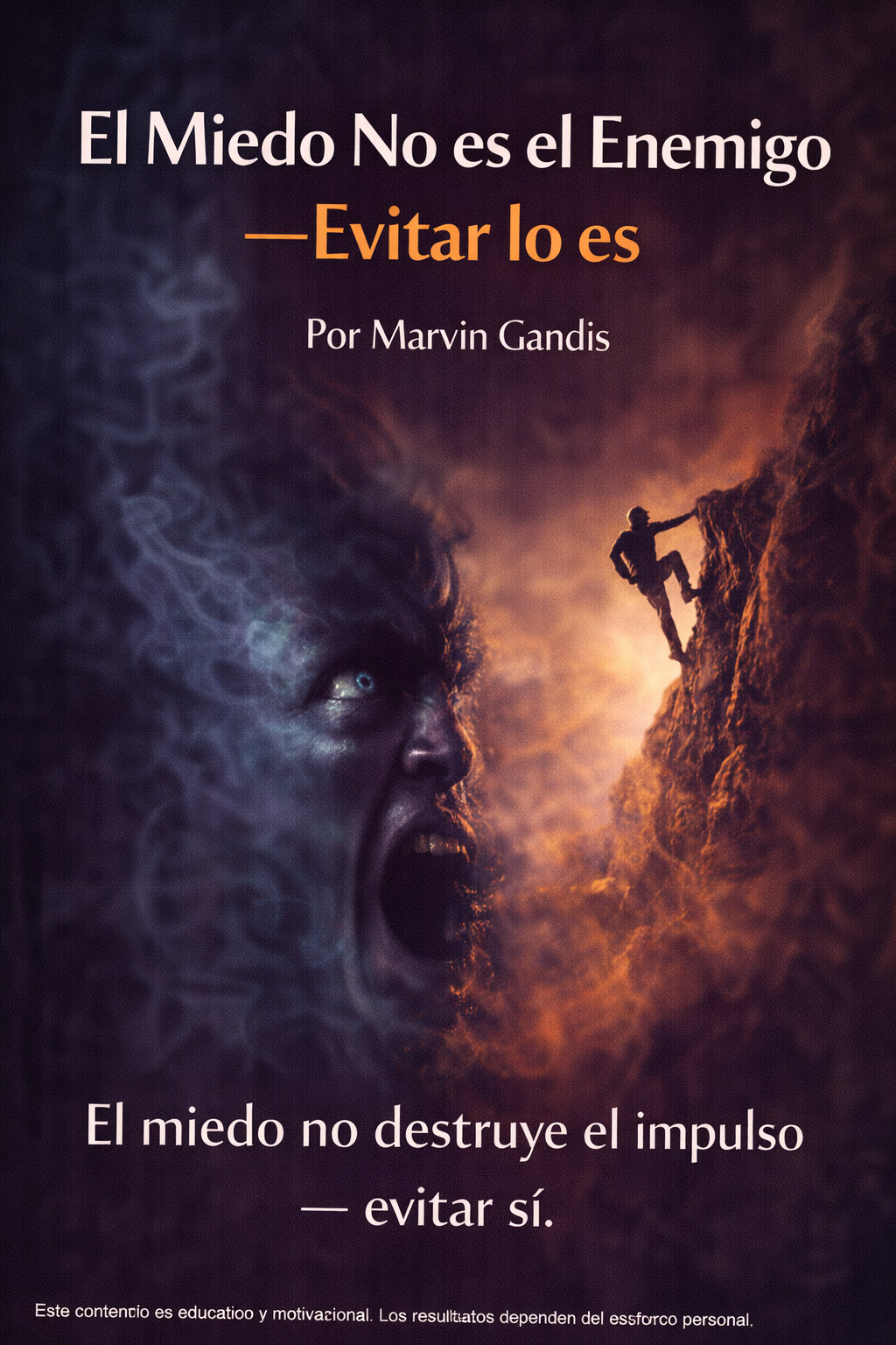 Imagen dividida que muestra un rostro con miedo emergiendo del humo oscuro y una persona escalando un acantilado hacia la luz, simbolizando superar el miedo mediante la acción.
