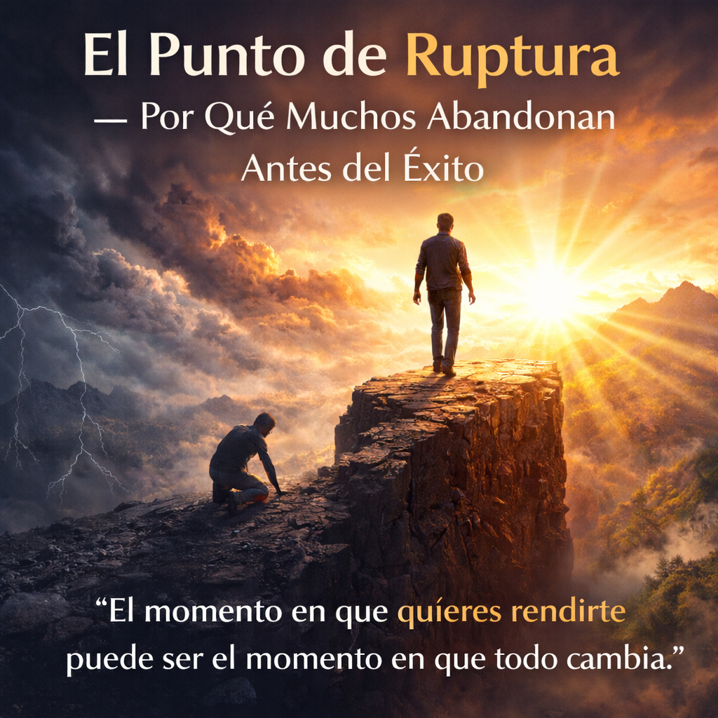 Persona de pie al borde de un acantilado al amanecer después de subir desde la oscuridad, simbolizando el punto de ruptura antes del avance personal.