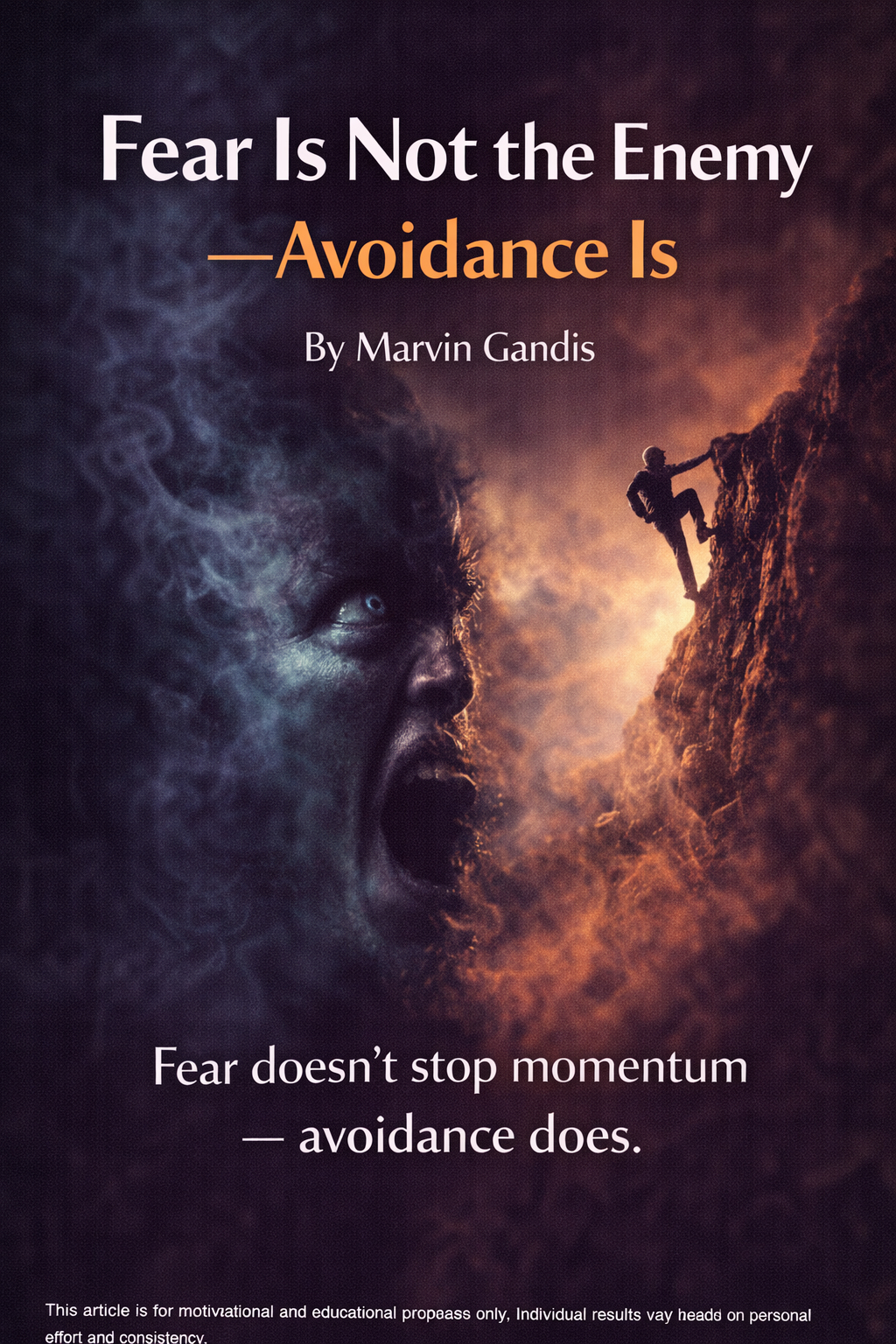 A dramatic split image showing a fearful face emerging from dark smoke on one side and a determined climber ascending a cliff toward the light on the other, symbolizing overcoming fear through action.