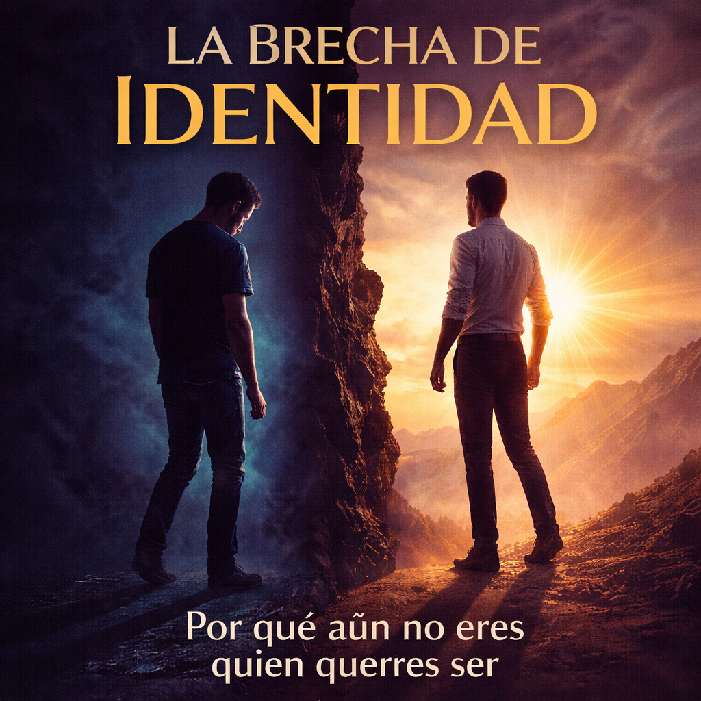 Hombre frente a su versión futura iluminada por el amanecer, dividido entre oscuridad y luz, simbolizando la brecha de identidad y la transformación personal.