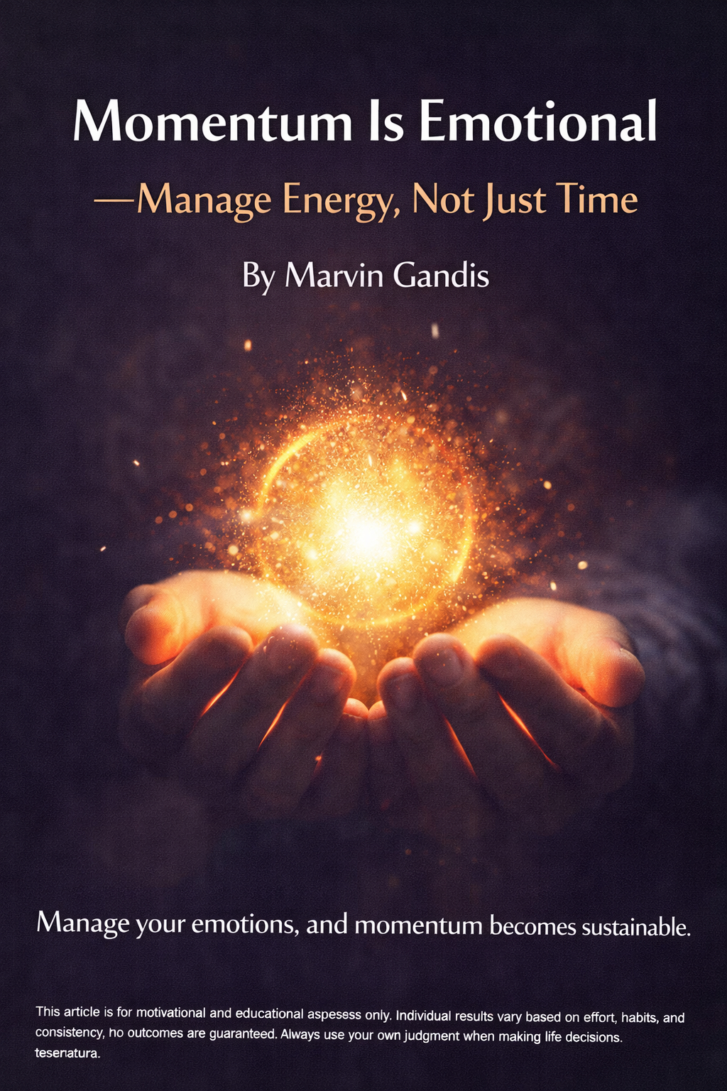 Hands holding a glowing sphere of light in a dark background, symbolizing emotional energy, inner power, and sustainable momentum.