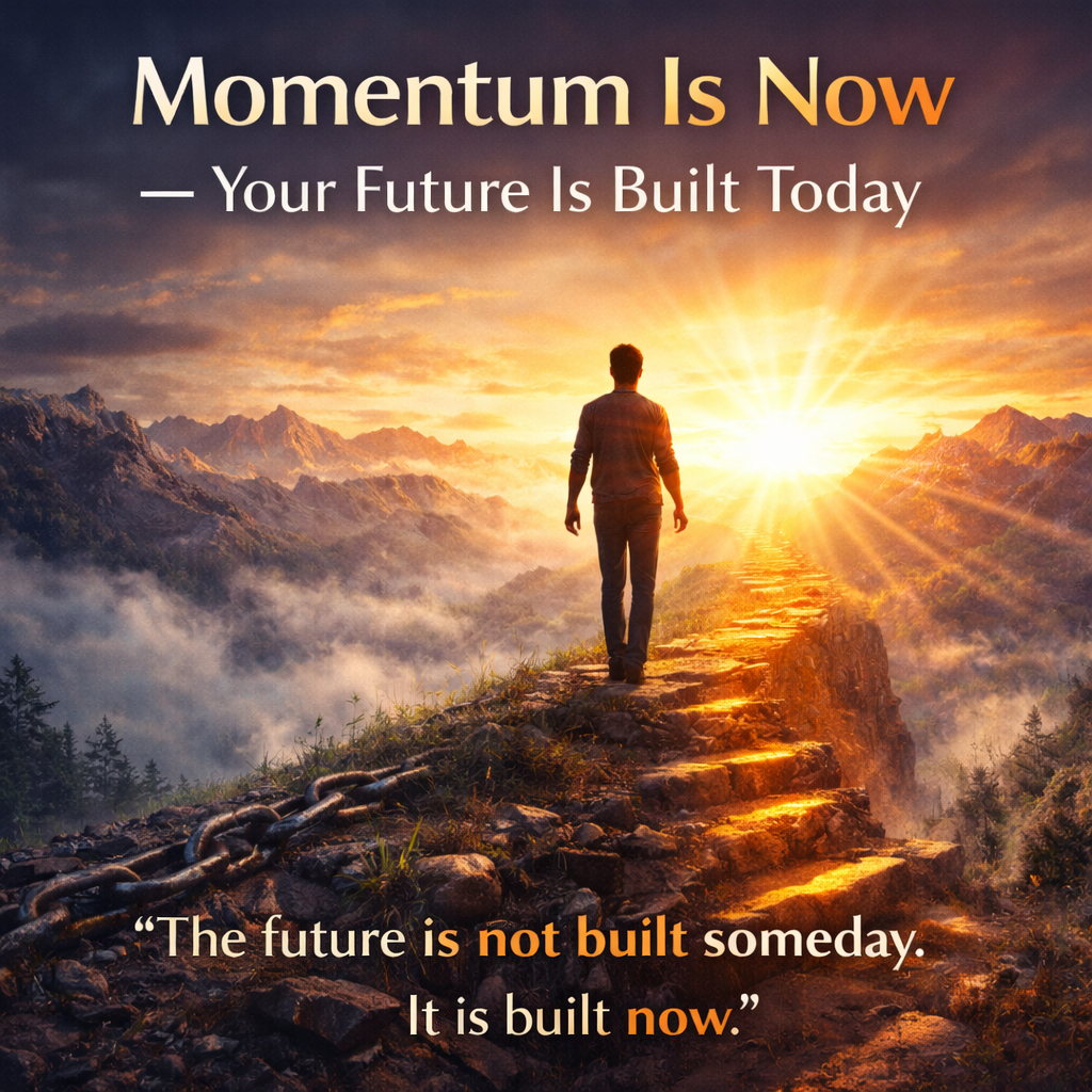 A man walking forward toward a bright sunrise on an illuminated path with broken chains behind him, symbolizing freedom, decisive action, and building the future today.