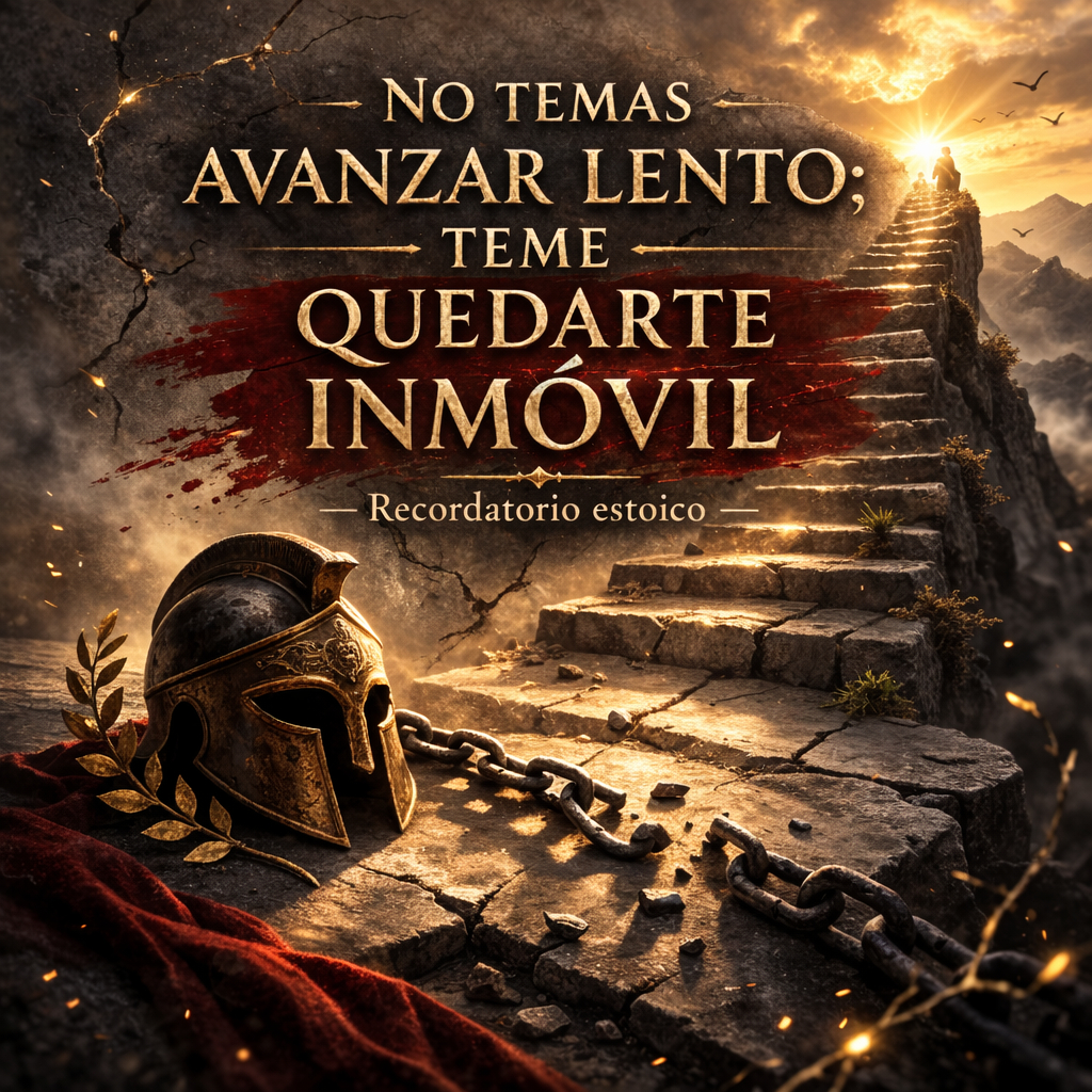 Póster estoico cuadrado con casco romano y cadena rota sobre piedra agrietada, un amanecer dorado iluminando una escalera de piedra y el texto “No temas avanzar lento; teme quedarte inmóvil.”