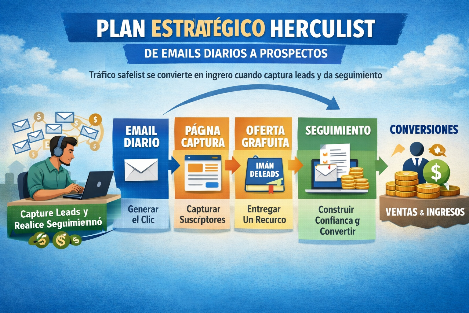 Emprendedor implementando un embudo ético para convertir tráfico safelist en prospectos