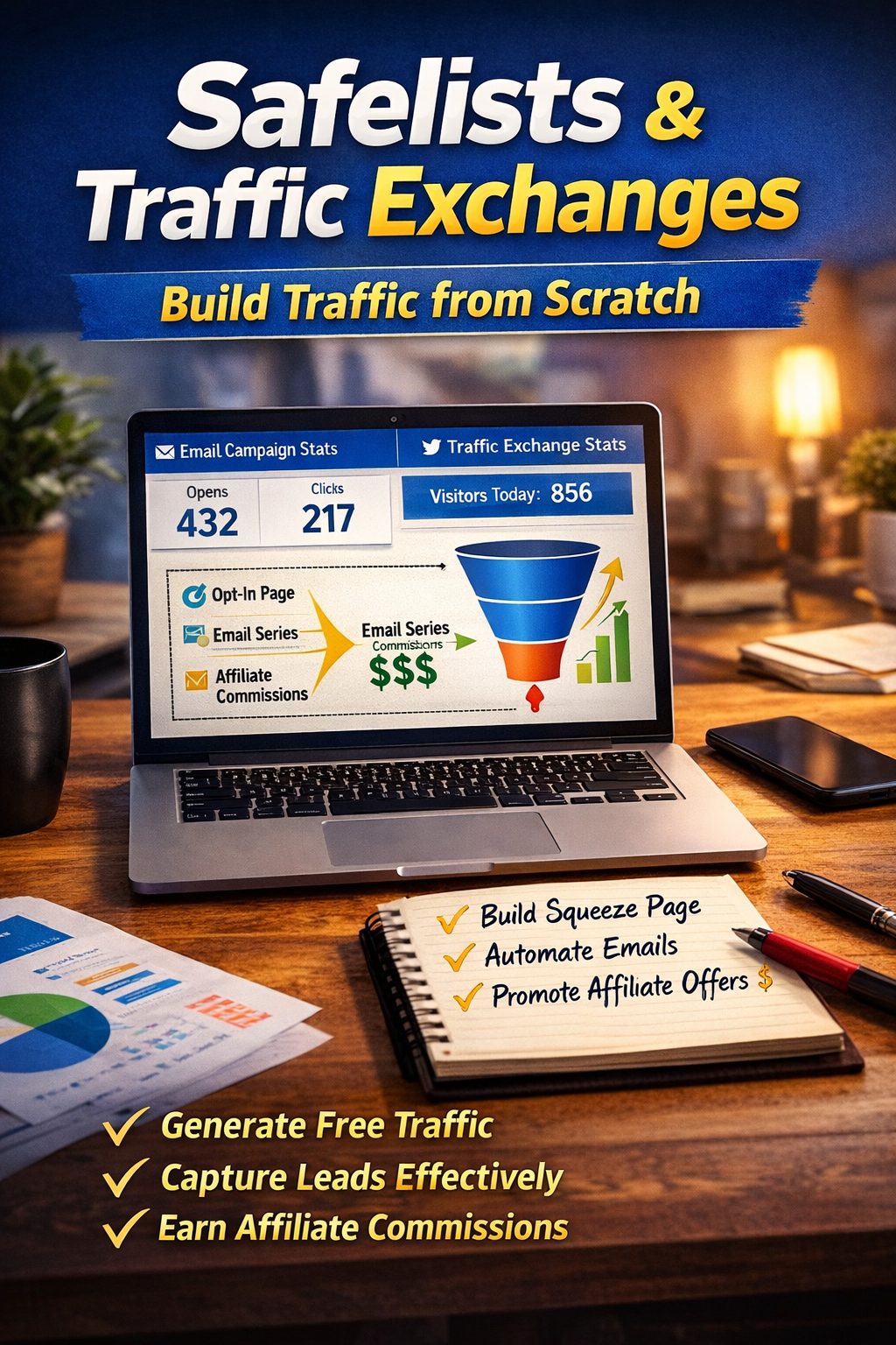 Laptop displaying email marketing dashboard with traffic exchange analytics and affiliate funnel strategy notes.