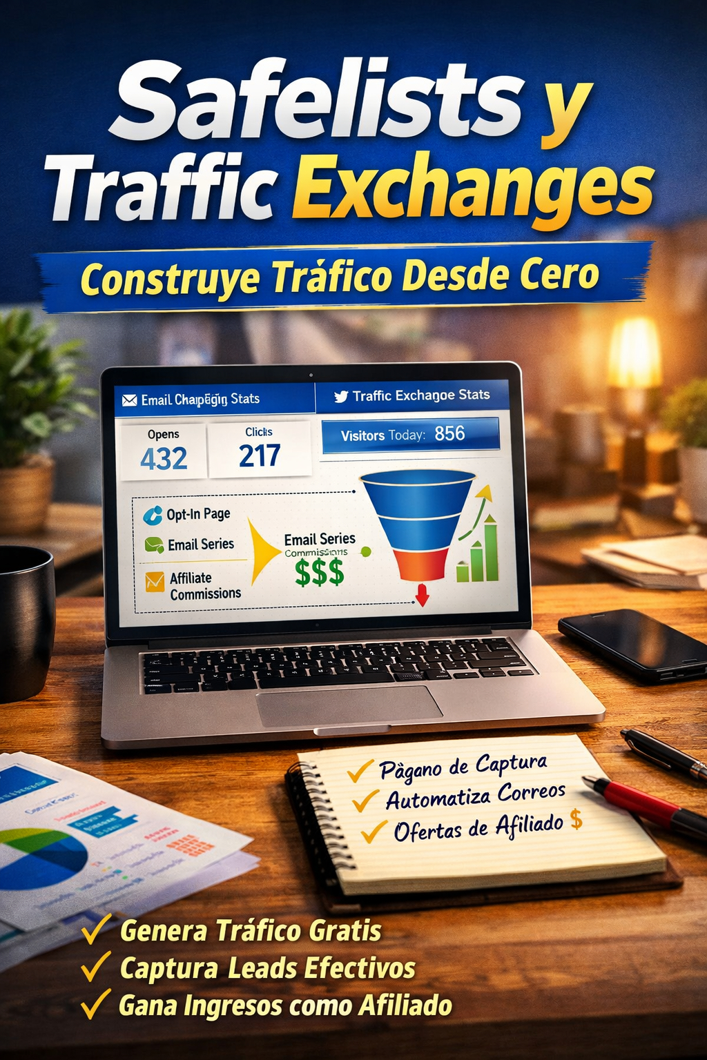 Computadora portátil mostrando panel de email marketing y estadísticas de tráfico mientras se desarrolla una estrategia de afiliados con página de captura.