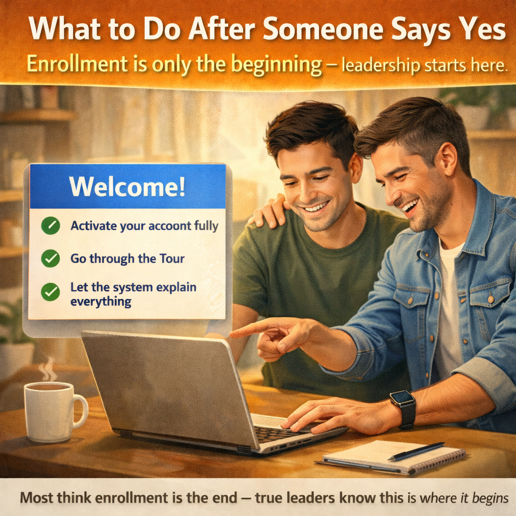 Affiliate marketer welcoming and onboarding a new team member after enrollment