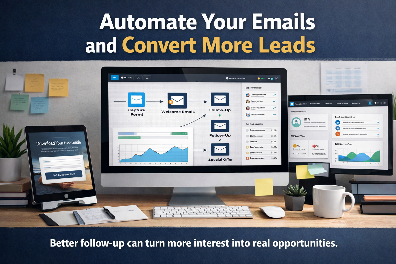 Digital marketing workspace showing email automation, lead capture forms, and structured follow-up for business growth