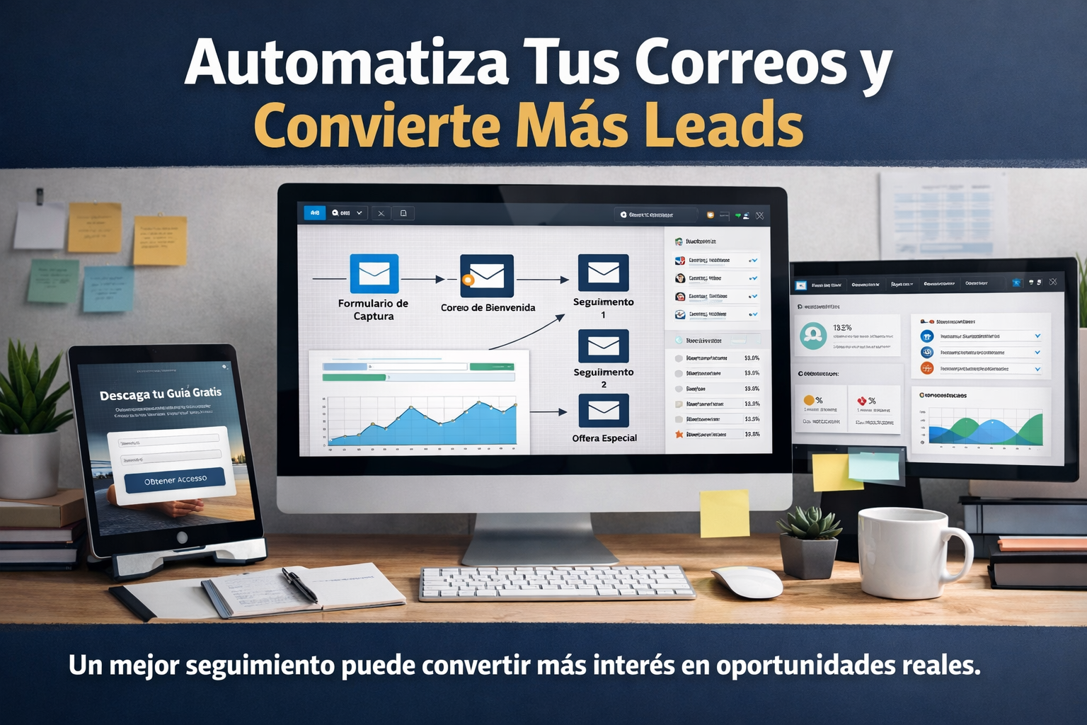 Pantalla de trabajo de marketing digital con automatización de correos, formularios de captura y seguimiento de prospectos