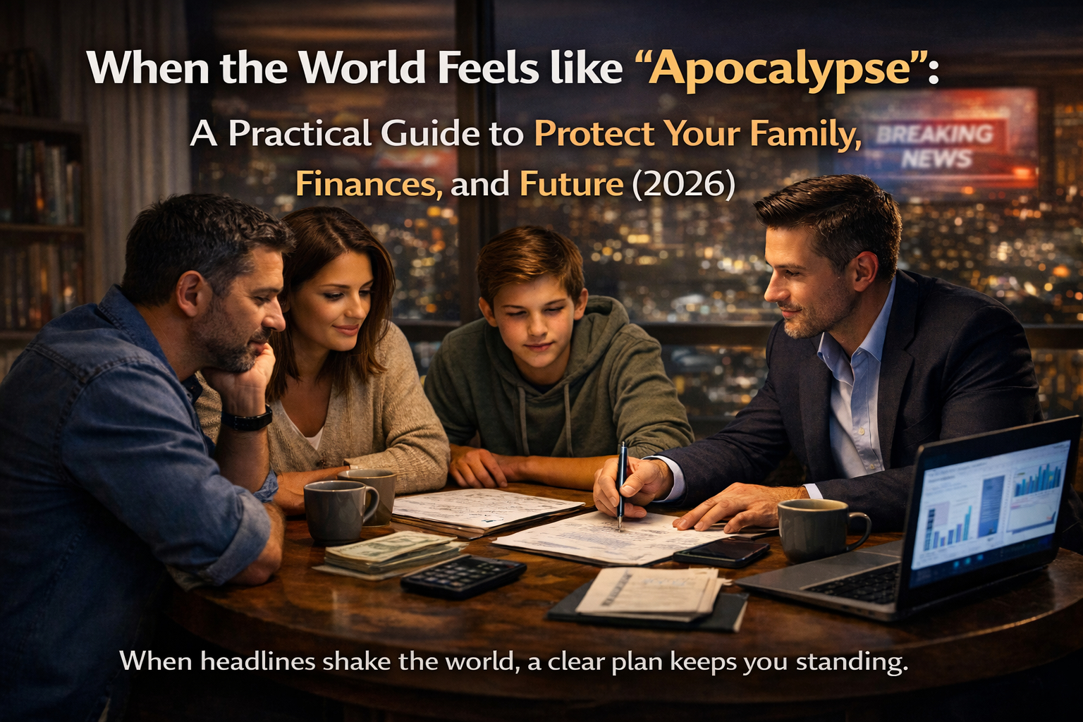 A family and a focused entrepreneur reviewing a budget and emergency plan at a table during a time of economic uncertainty.